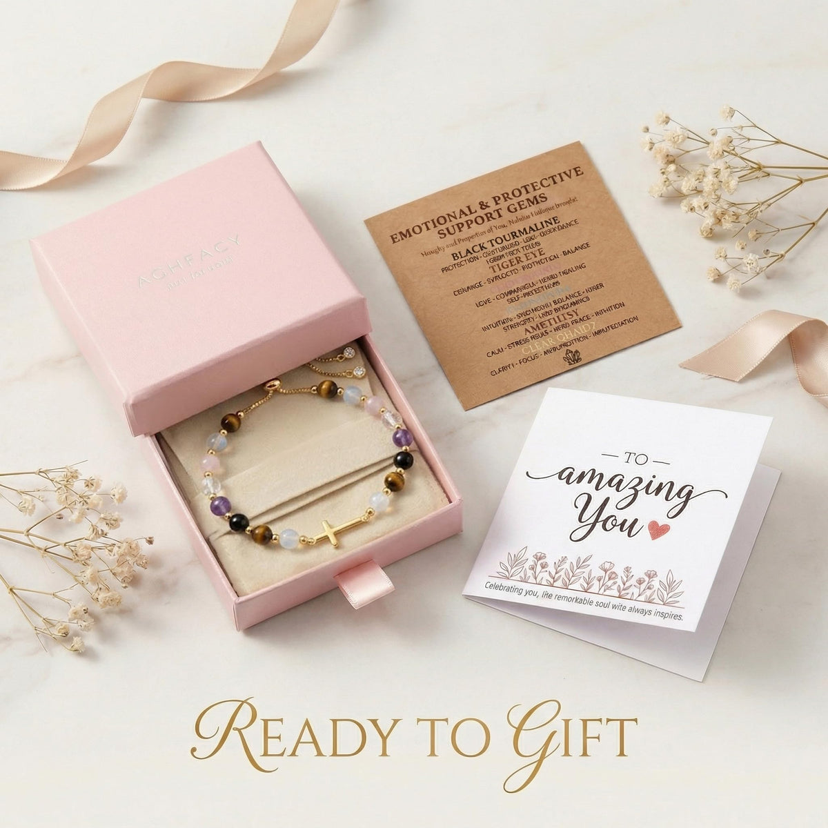 Aghfacy Christian Gifts for Mom Cross Bracelet Natural Gemstone Crystal Bracelet Gold Cross Charm Birthday Gifts for Mom Religious Gift Adjustable with Message Card