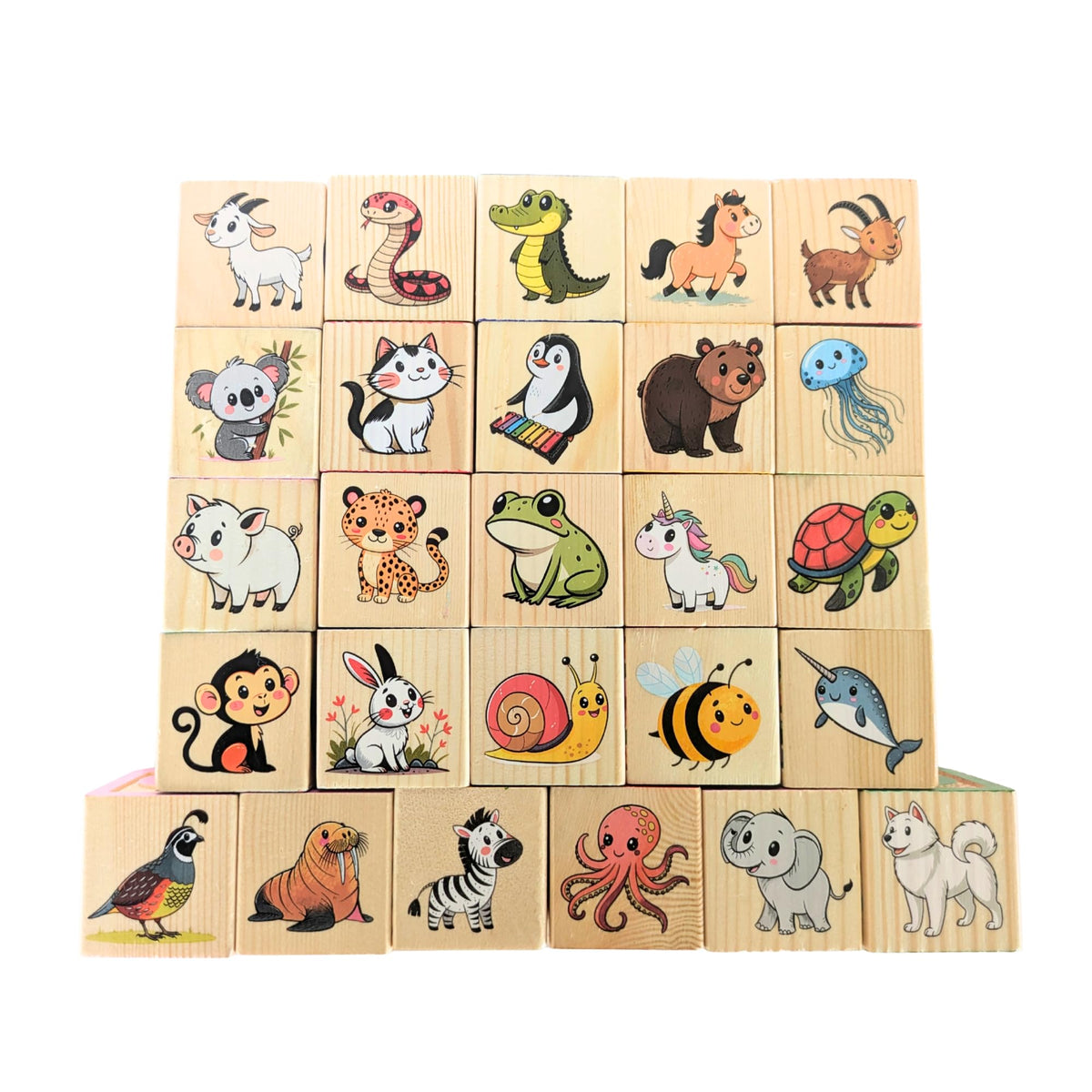 Tot Dojo ABC-123 Pine Wood Educational Blocks Set, 26 Pieces – Alphabet, Numbers, Animals, Fruits & Patterns for Toddlers