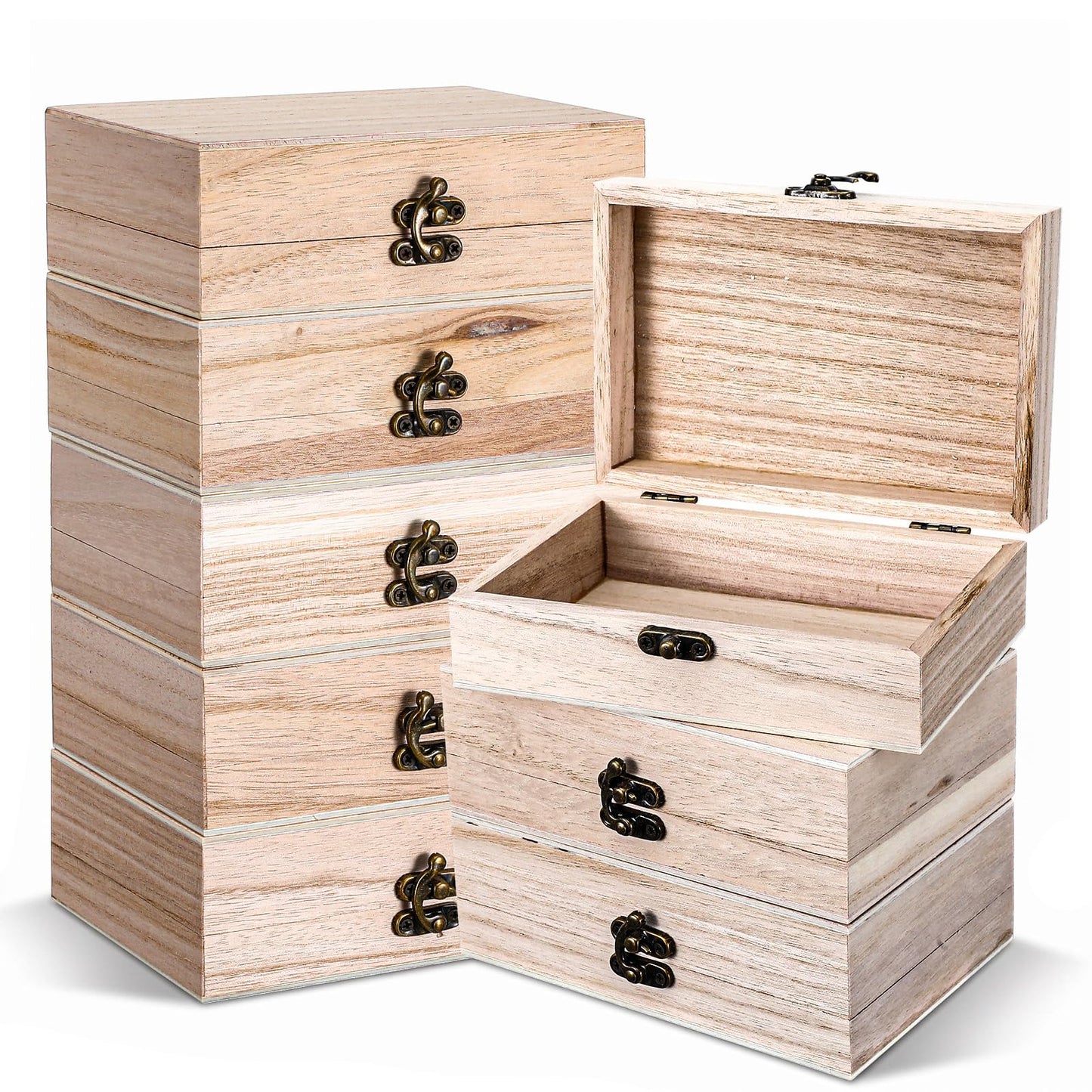 8 Pack Unfinished Wooden Boxes for Crafts, 6 x 4 x 2 Inch Small Wood Box with Hinged Lid, Small Keepsake Box Treasure Chest Wooden Jewelry Box for Jewelry DIY Crafts Storage
