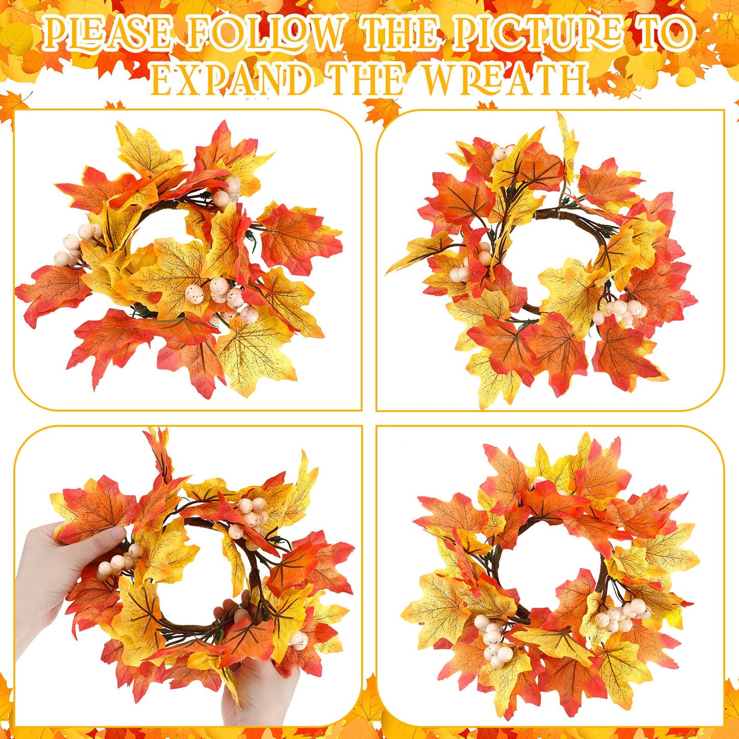 Hotop Fall Candle Rings Thanksgiving Day Ring Holder with Maple Leaves Wreath Mini Autumn Artificial for Home Table Decoration Centerpiece (4 Pieces), White