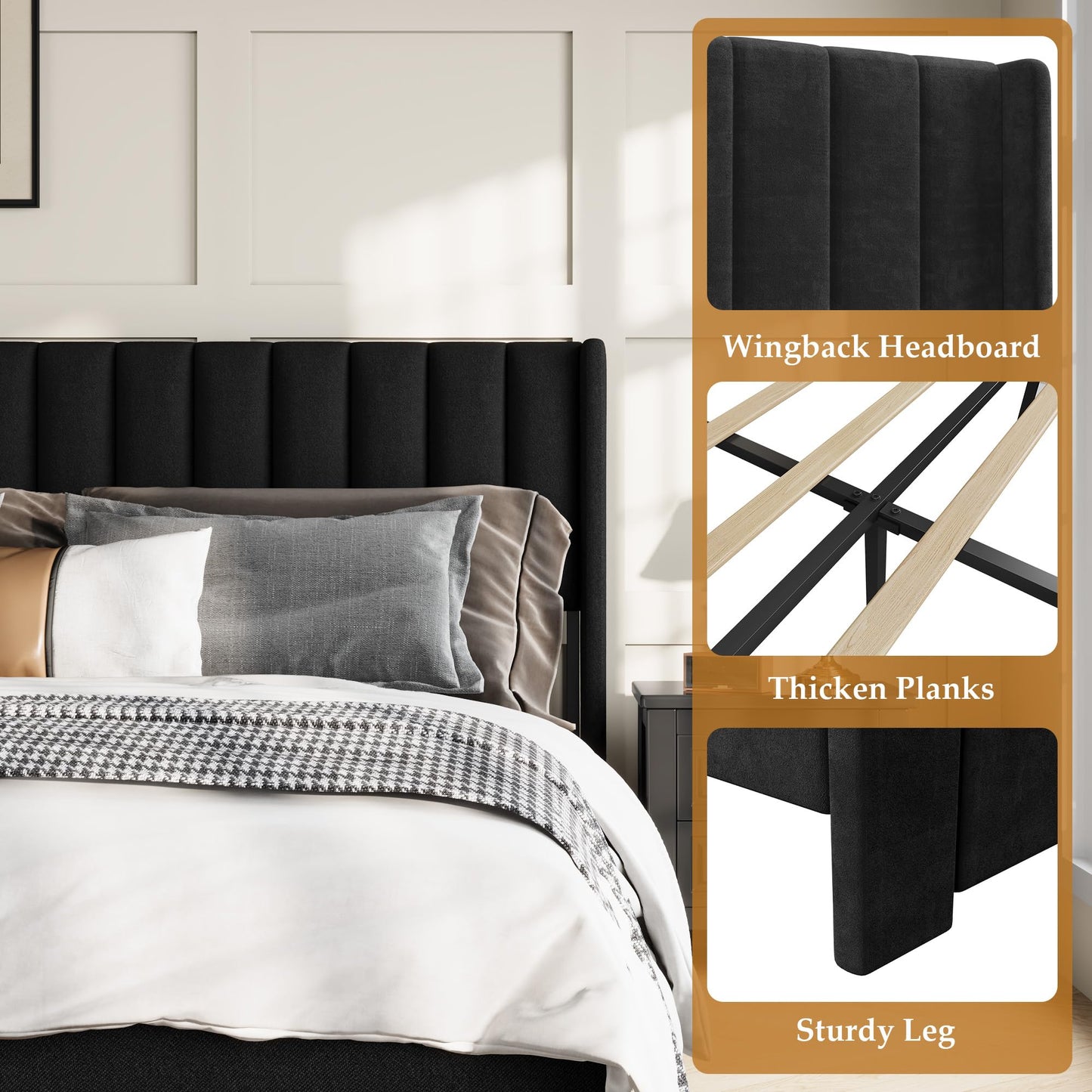 Garvee King Size Bed Frame, Velvet Upholstered Bed Frame with Wingback Headboard, 2 Storage Drawers, No Box Spring Needed, Black