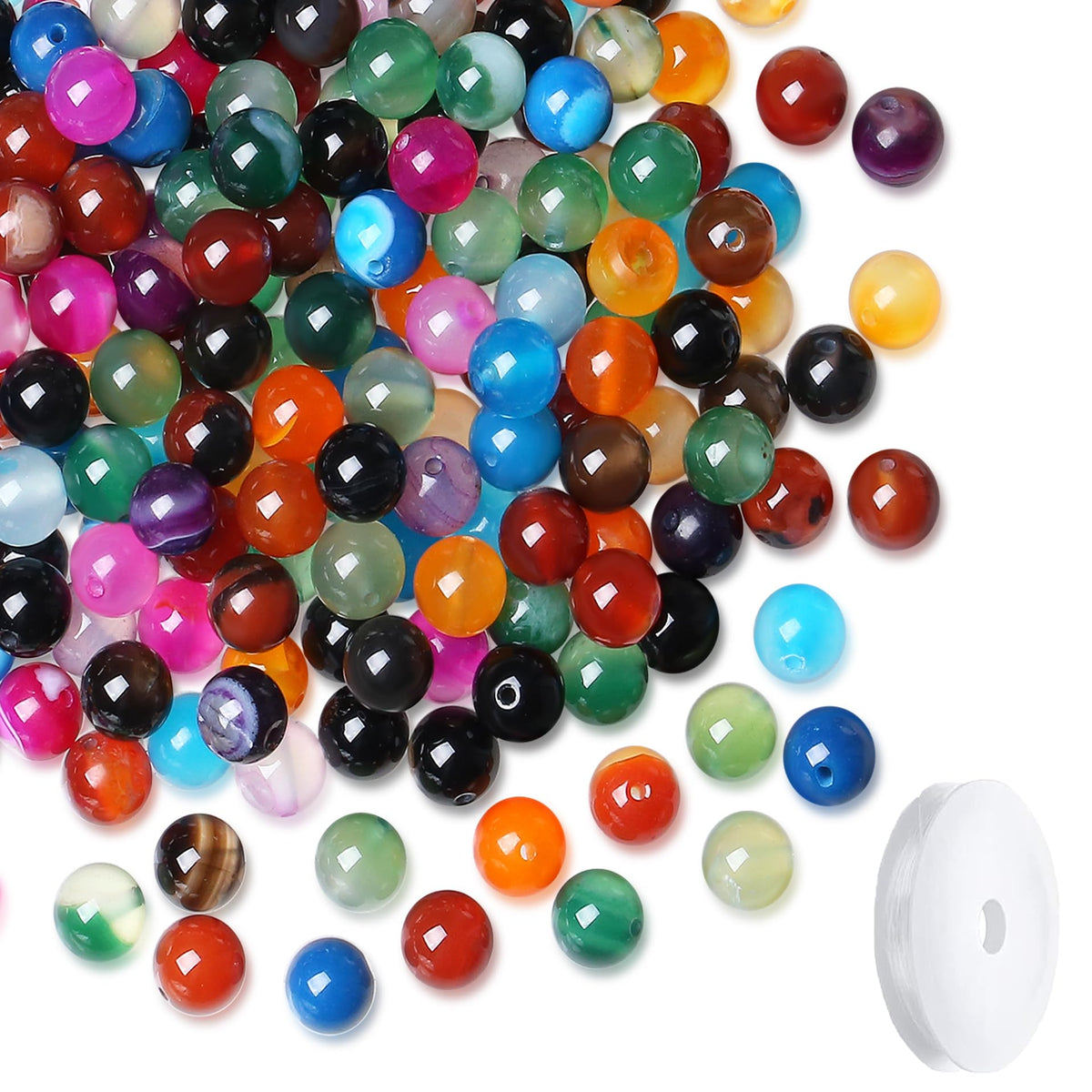 NUKAYAI Natural Stone Beads 100pcs 8mm Colorful Agate Round Stone Beading Loose DIY Smooth Beads for Bracelet Necklace Earrings Making