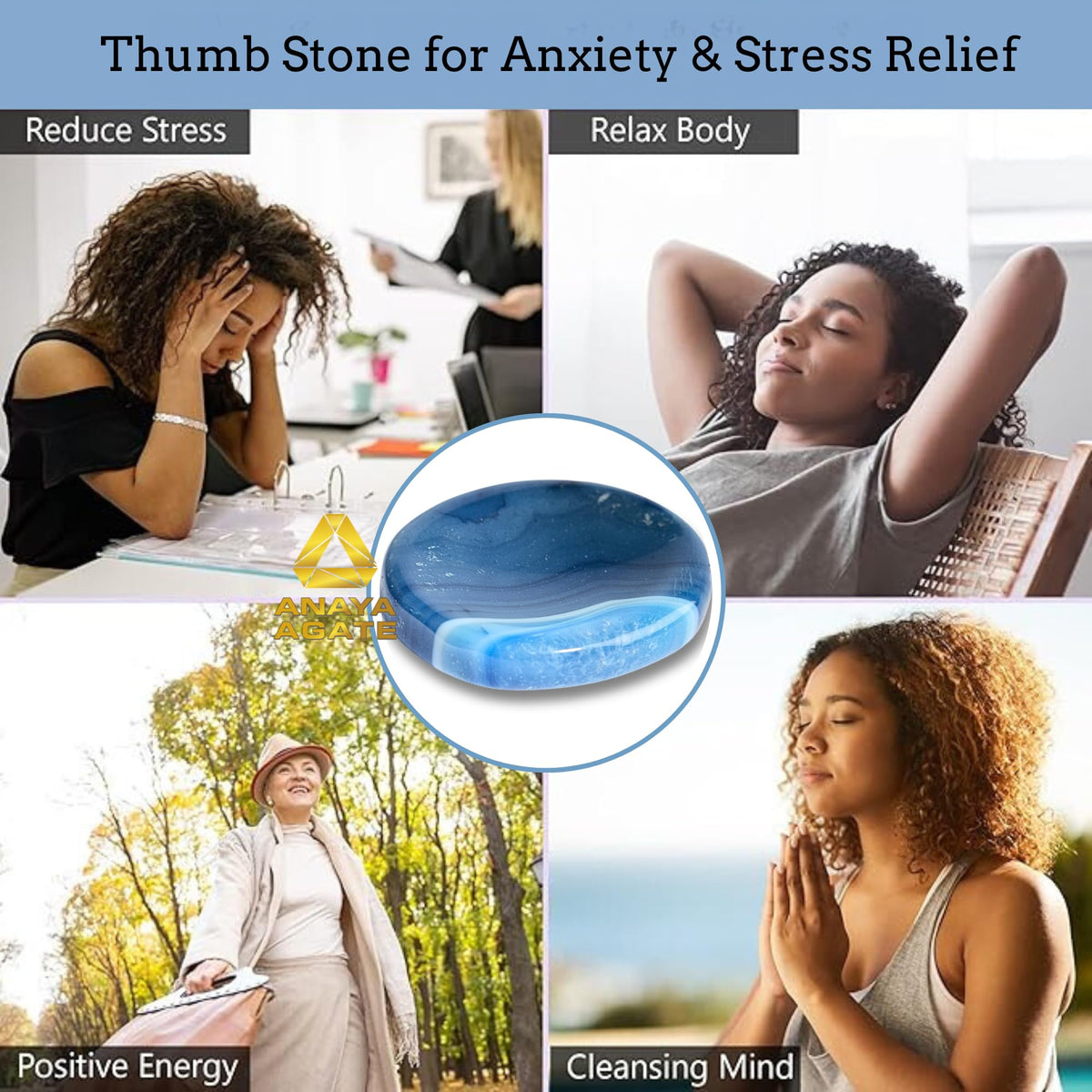 Anaya Agate Blue Onyx Worry Stones Certified Crystal Thumb Worry Stone for Anguish, Relaxing and Soothing Balance Stones for Meditation, Stress Relief Crystals and Healing Stones for Men, Women