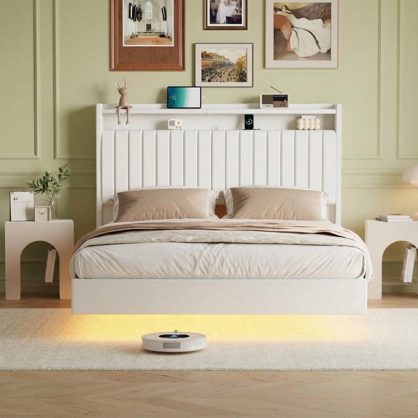 GarveeLife 50'' Tall Queen Floating Bed with LED Lights & Charging Station, PU Leather Bed Frame with Storage Headboard, Kick-Free, Noise-Free, Easy Assembly, No Box Spring Needed, White