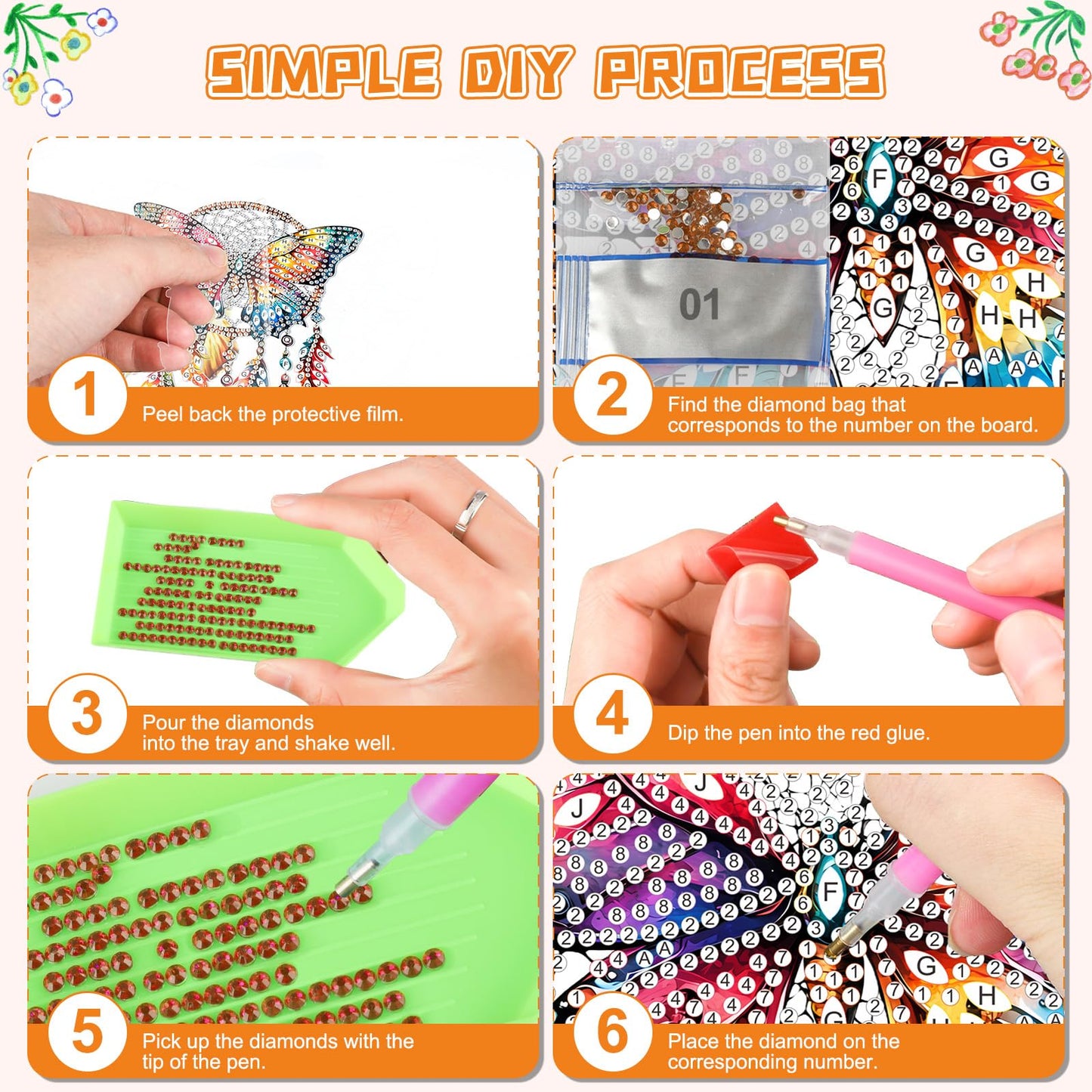 KEYIFA Butterfly Diamond Art Hanging Kits with Chain, Special Shaped Drill Diamond Painting Pendant, Dreamcatcher Crystal Gem Art Pendant 5D Window Crafts for Wall Garden Door Decor, Width 7.9inch