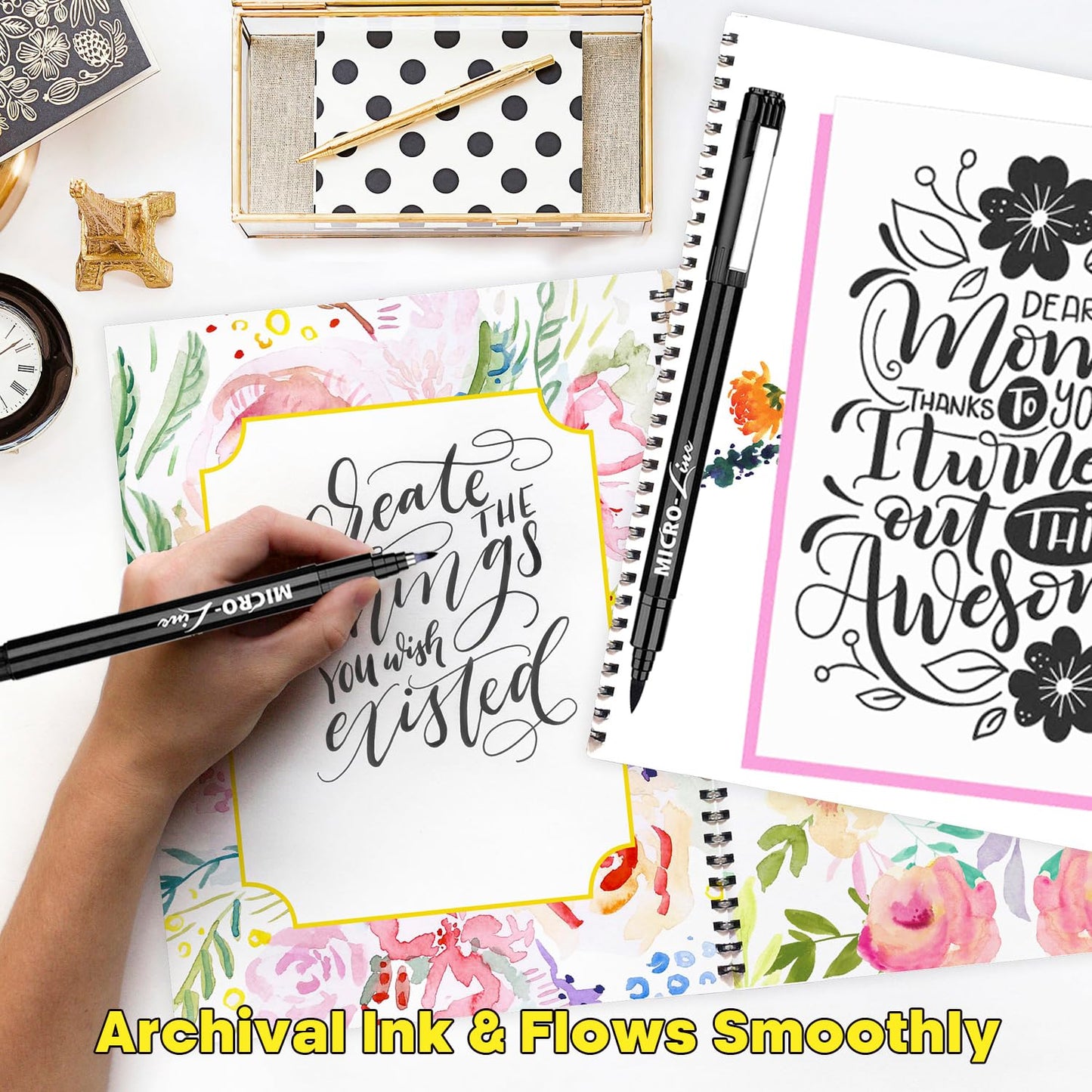 Dyvicl Hand Lettering Pens, Calligraphy Brush Pens Art Markers for Beginners Writing, Sketching, Drawing, Illustration, Scrapbooking, Journaling, Black Ink Pen Set, 8 Sizes