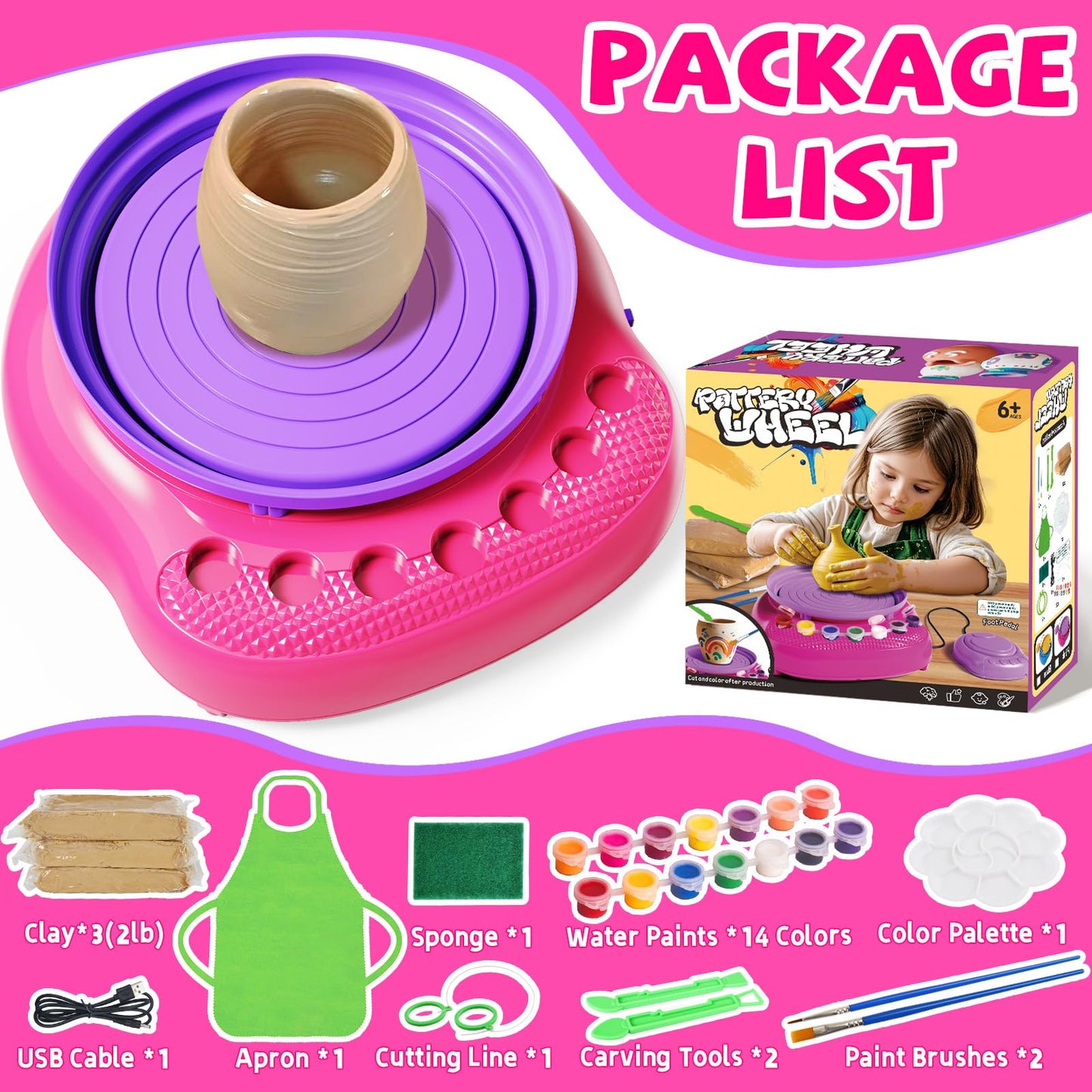 Vinkp Pottery Wheel for Kids - Complete Pottery Painting Kit Arts and Crafts for Kids Ages 8-12 with Air Dry Clay Art Supplies for Girls Boys Toys Birthday Gifts for 6 7 8 9 10 11 12 - Pink