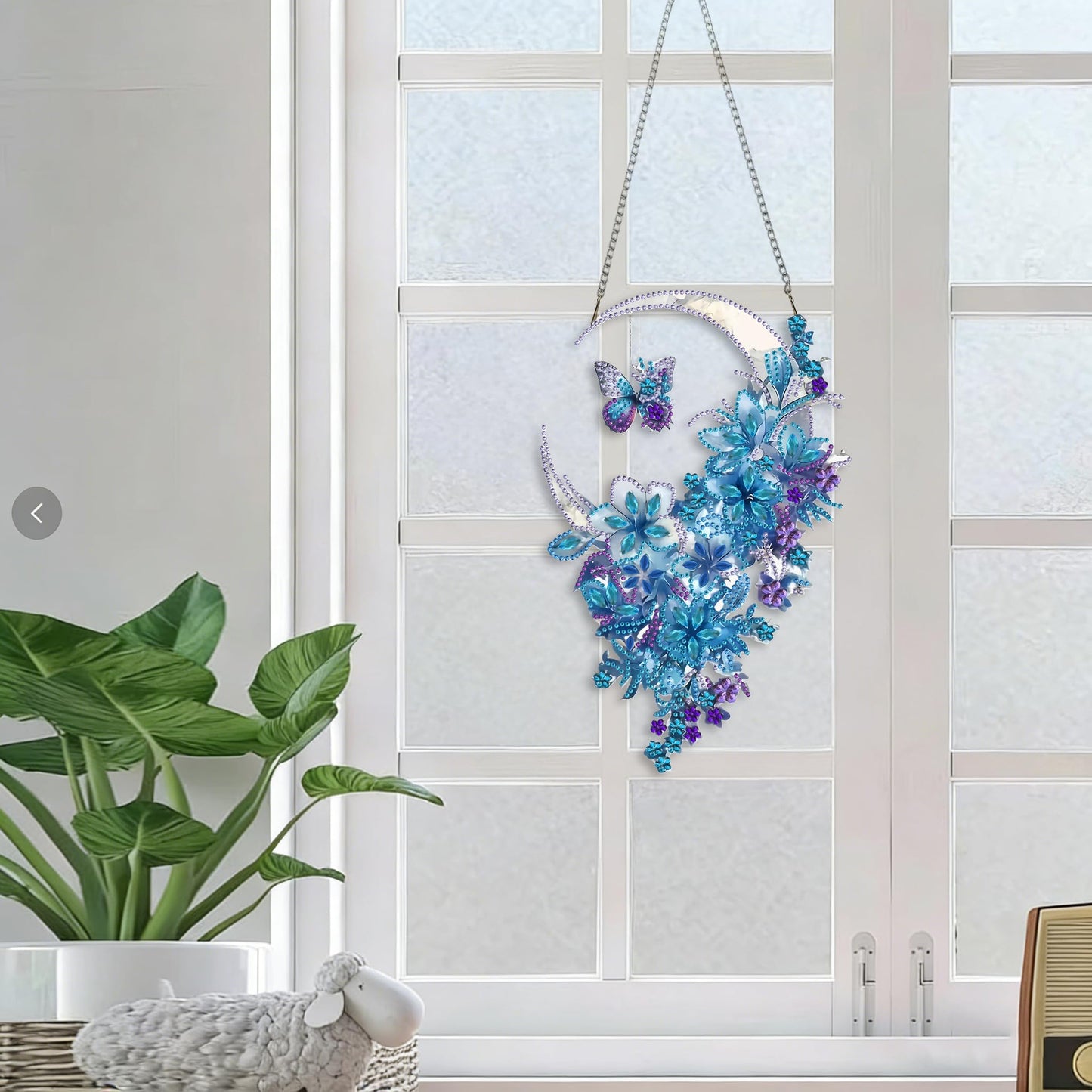 STGLCR Hanging Diamond Art Kits for Adults Pendant Moon, Special Shaped Crystal DIY Flower Diamond Painting Kit for Begginer, Acrylic Board Foral Moon Pendants for Home Decor 11.92 Inch Butterfly Blue
