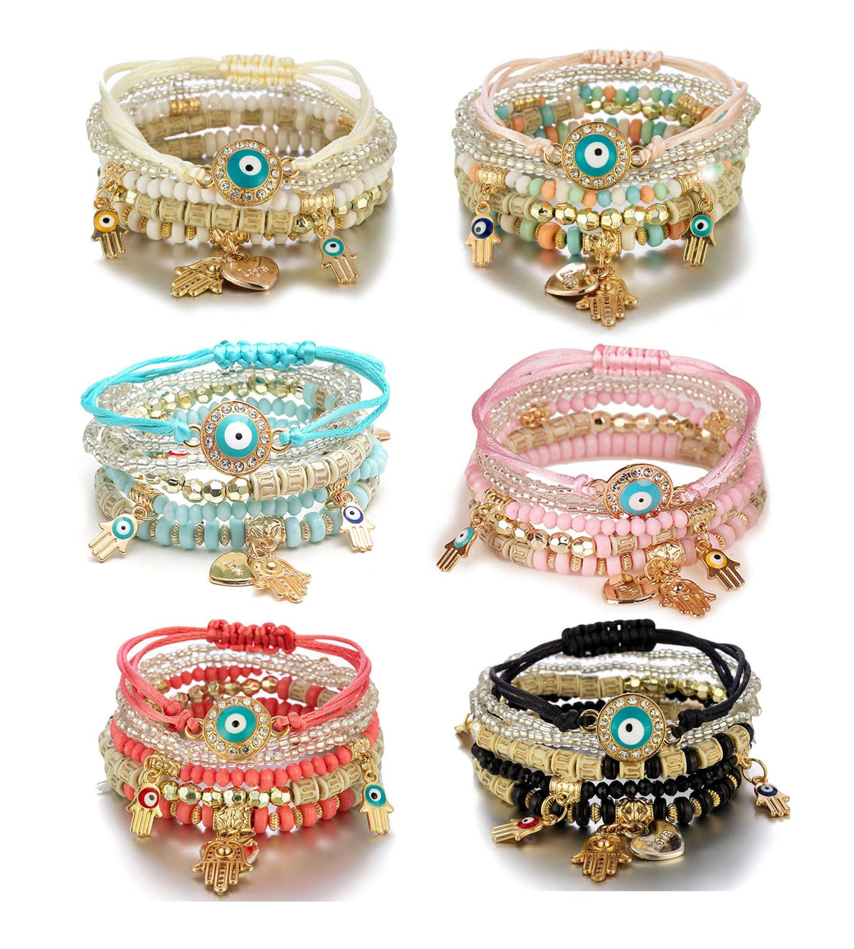 MILACOLATO Bohemian Bead Bracelets Set, Multilayer Evil Eye Stackable Bracelets, Comfort-Fit Stretch Bracelets for Women 6 Sets