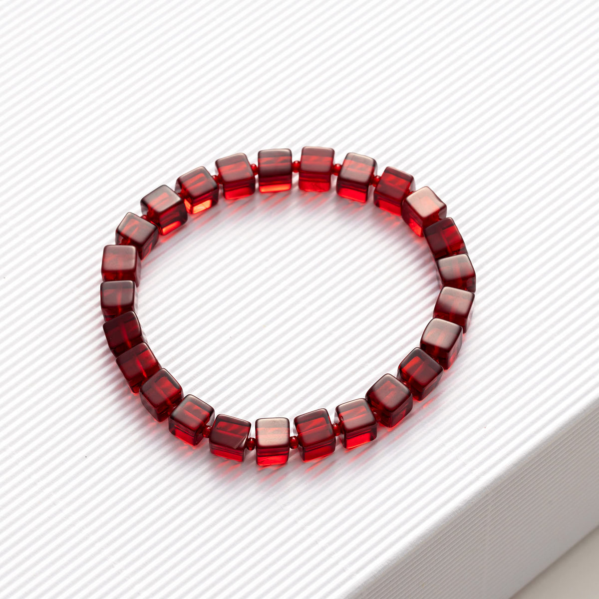 Amber by Mazukna Natural Red Baltic Amber Bracelet for Women and Men – Stretch Wristband with Polished Cube Beads, Lightweight Unisex Jewelry Gift for Daily and Casual Wear (Red)
