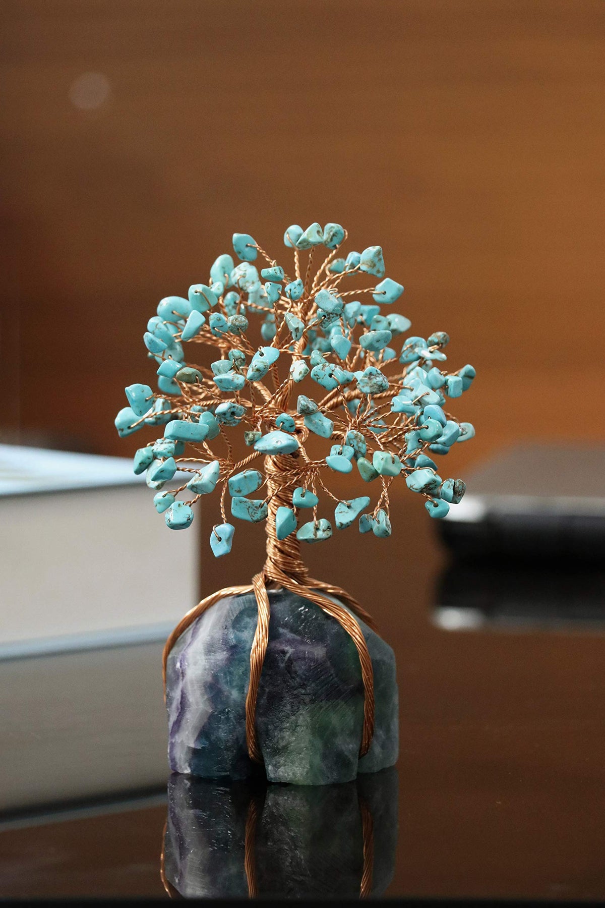 Crocon Howlite Green Turquoise Gemstone Money Tree with Fluorite Rough Wire Wrapped Base | Feng Shui Bonsai | Ornament Figurine | Chakra Balancing | Reiki Crystal Healing | Spiritual | Decor Size 5-6"