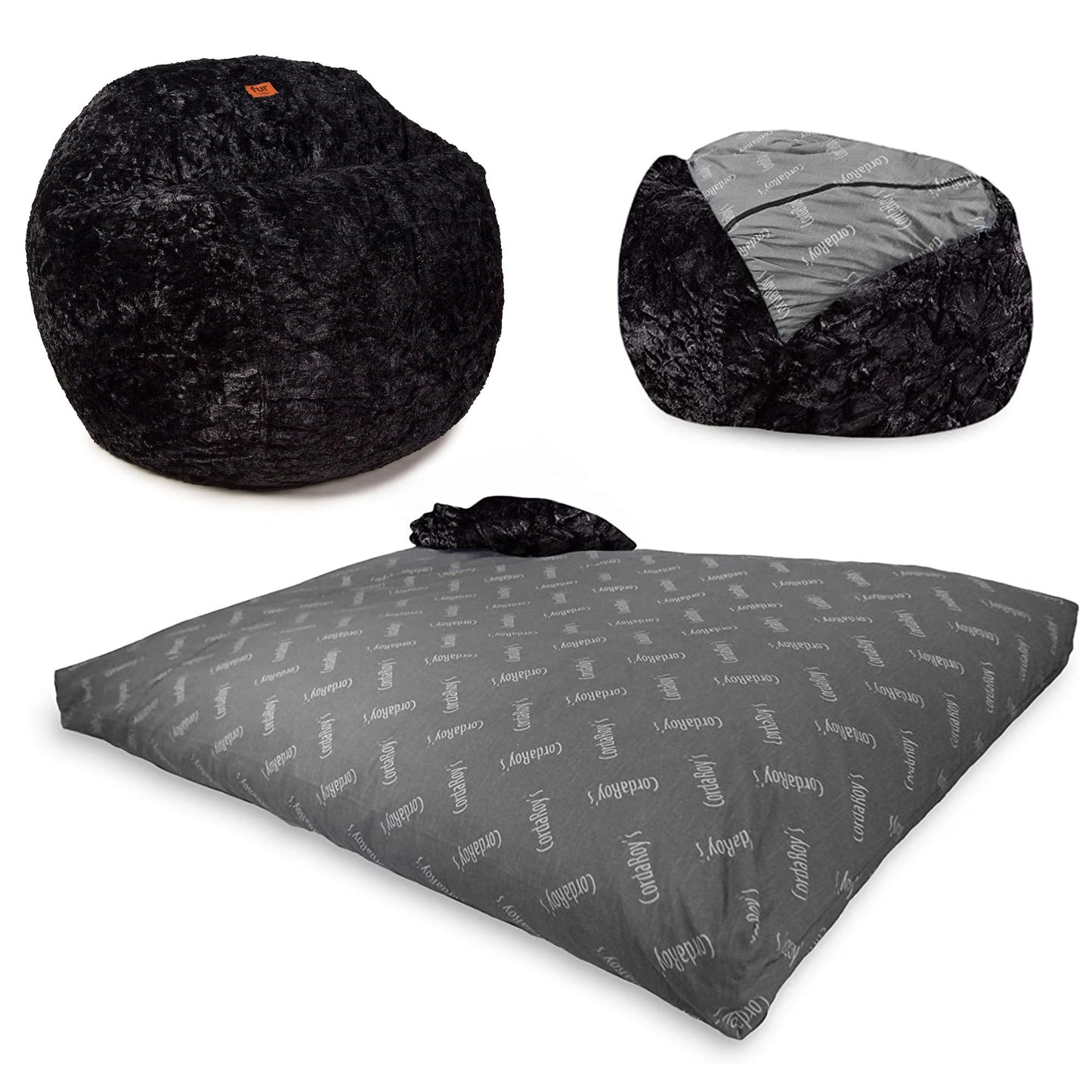 CordaRoy's Faux Fur Bean Bag Chair, Convertible Chair Folds from Bean Bag to Bed, As Seen on Shark Tank - Black, Full