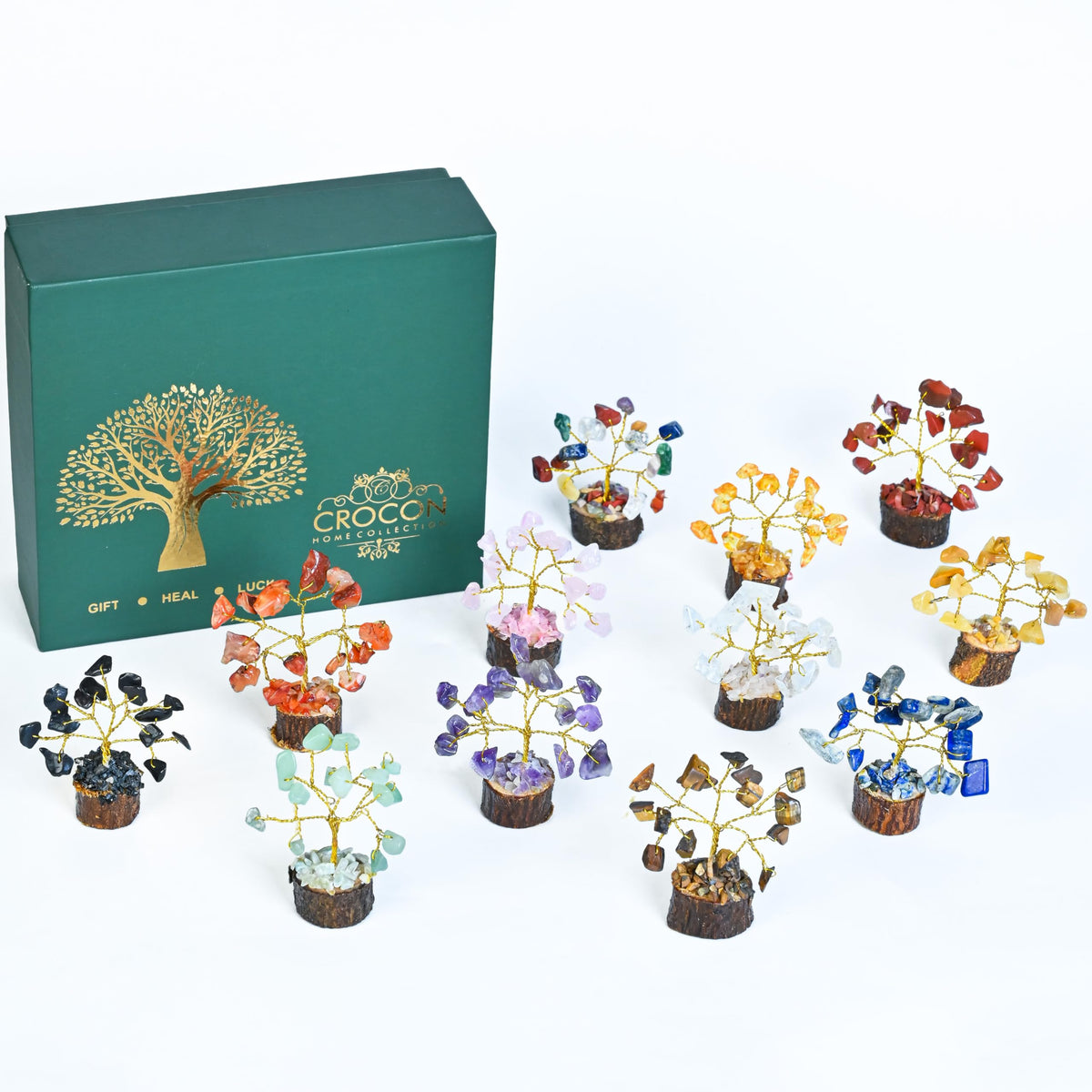 Crocon® Crystal Tree Set of 12 Mini Unique Birthday Gifts for Women, Sister, Mom, Home Office Decor, Shelf Desk Decoration for Positive Energy, Bring Good Luck, Money, Chakra Tree of Life Gift Sets