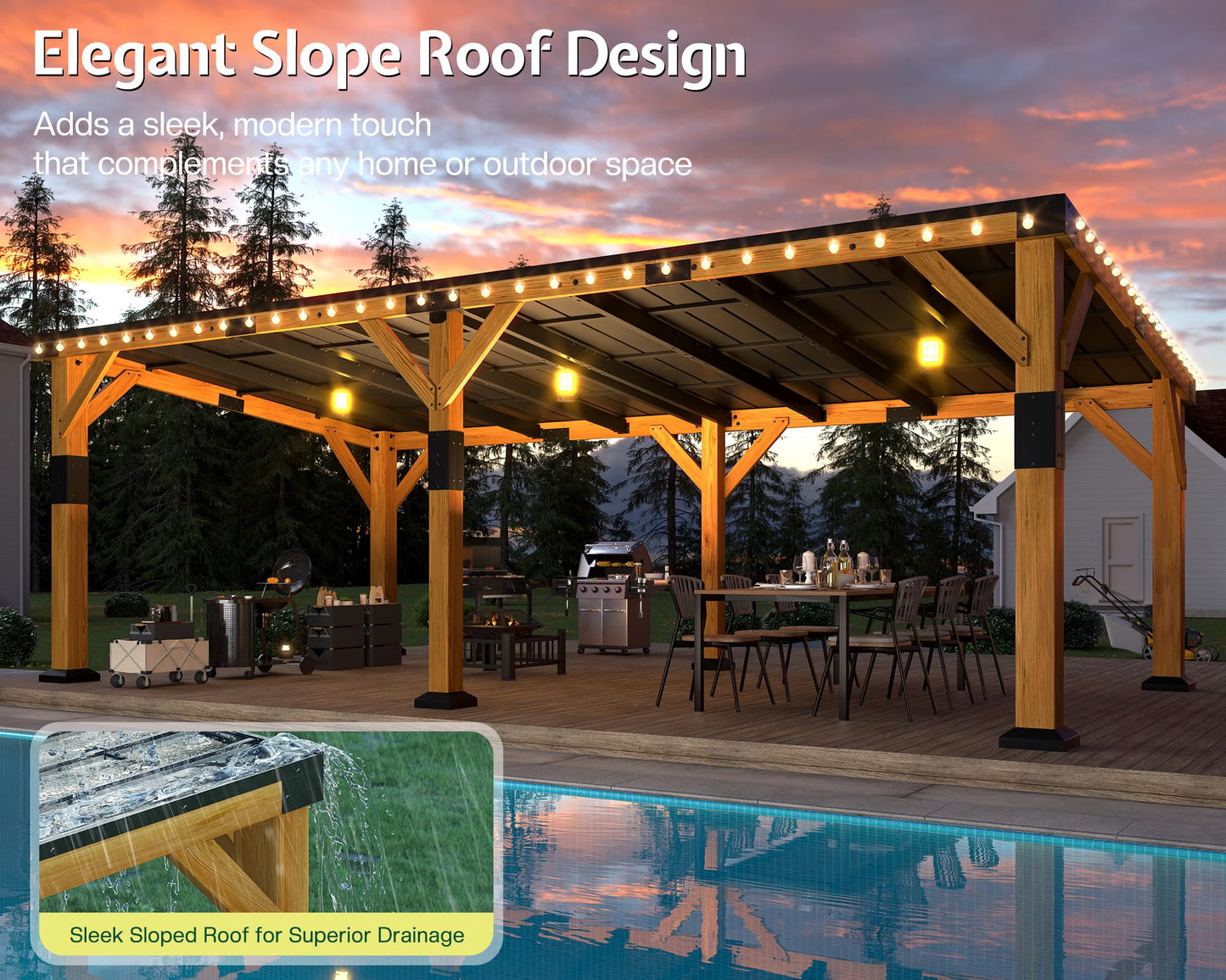 Jocisland 12' x 24' Cedar Wood Gazebo with Sloped Galvanized Steel Roof, Hardtop Gazebo Pavilion with Durable, Rot-Resistant Construction, Permanent Outdoor Pergola for Backyard, Garden & Deck