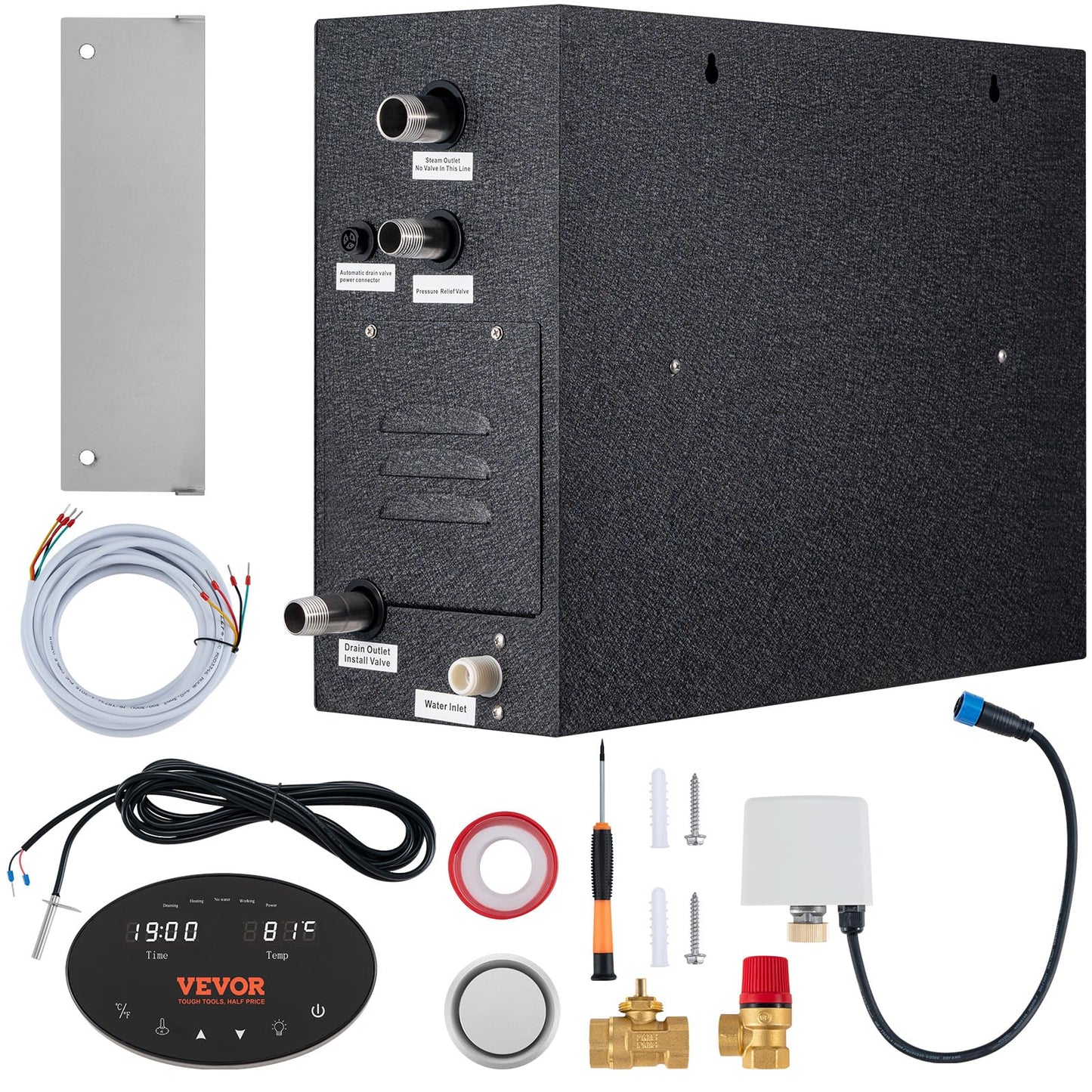 VEVOR Steam Shower Generator, 12 kW, Segmented Heating System with Temperature Customization & 24h Timer, Automatic Drainage Steam Bath Kit for Home Use