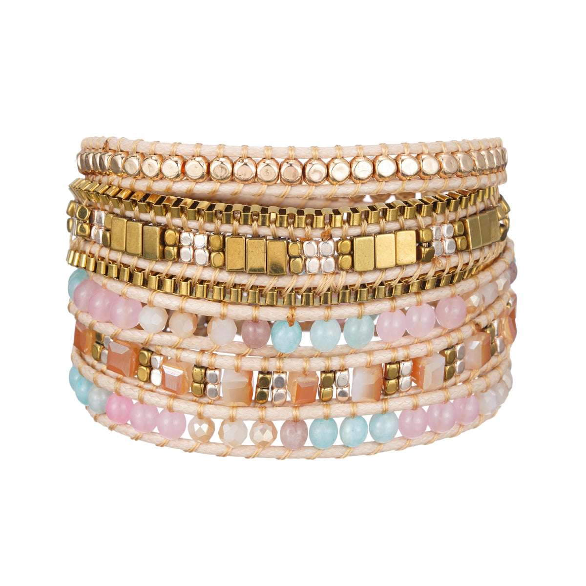 Plumiss Women Boho 5 Wraps Stone Crystal Bracelets Handmade Beaded Statement Stainless Steel Box Chain Bracelet Jewelry