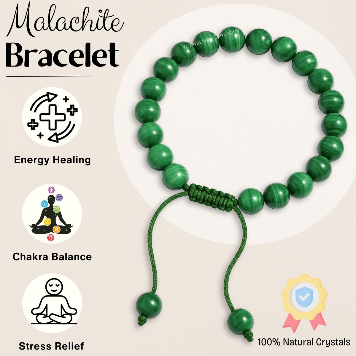Amazing Gemstone Malachite Bracelet for Women Men's Gifts - Protection Healing Crystal Bracelet - 8mm Gemstones Beaded Adjustable Bracelet Pulseras Para Hombres Mujer Stocking Stuffers
