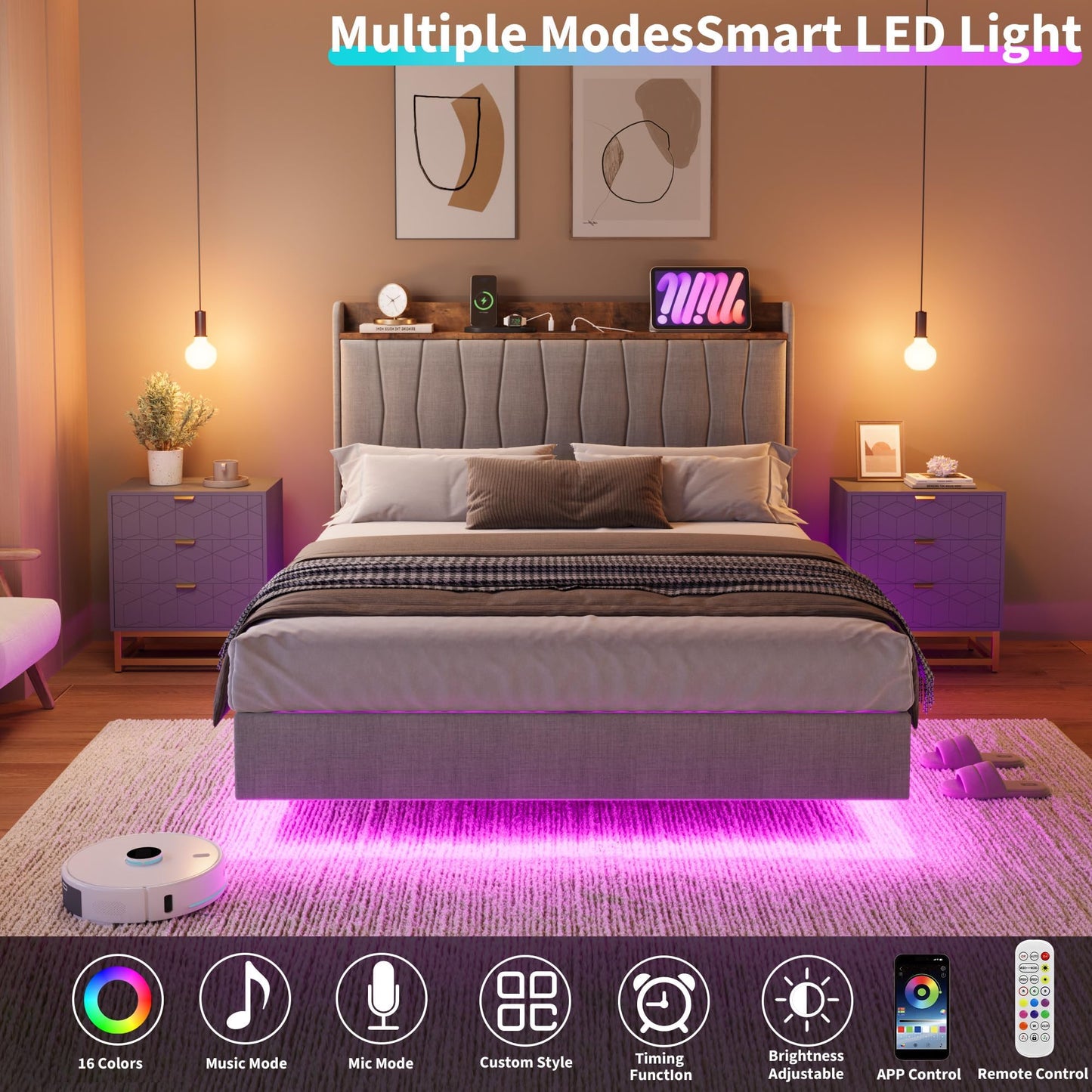GAOMON Floating King Size Bed Frame with Upholstered Storage Headboard, Platform Bed Frame with LED Lights & Charging Station, Wood Slats Support, No Box Spring Needed, Grey