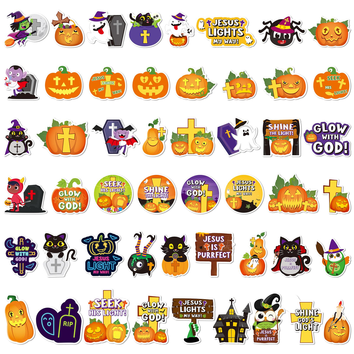 ANGOLIO 50Pcs Halloween Stickers for Kids, Cute Cartoon Pumpkins Witch Black Cat Christian Crosses Vinyl Waterproof Decals for Water Bottles Notebooks Laptop