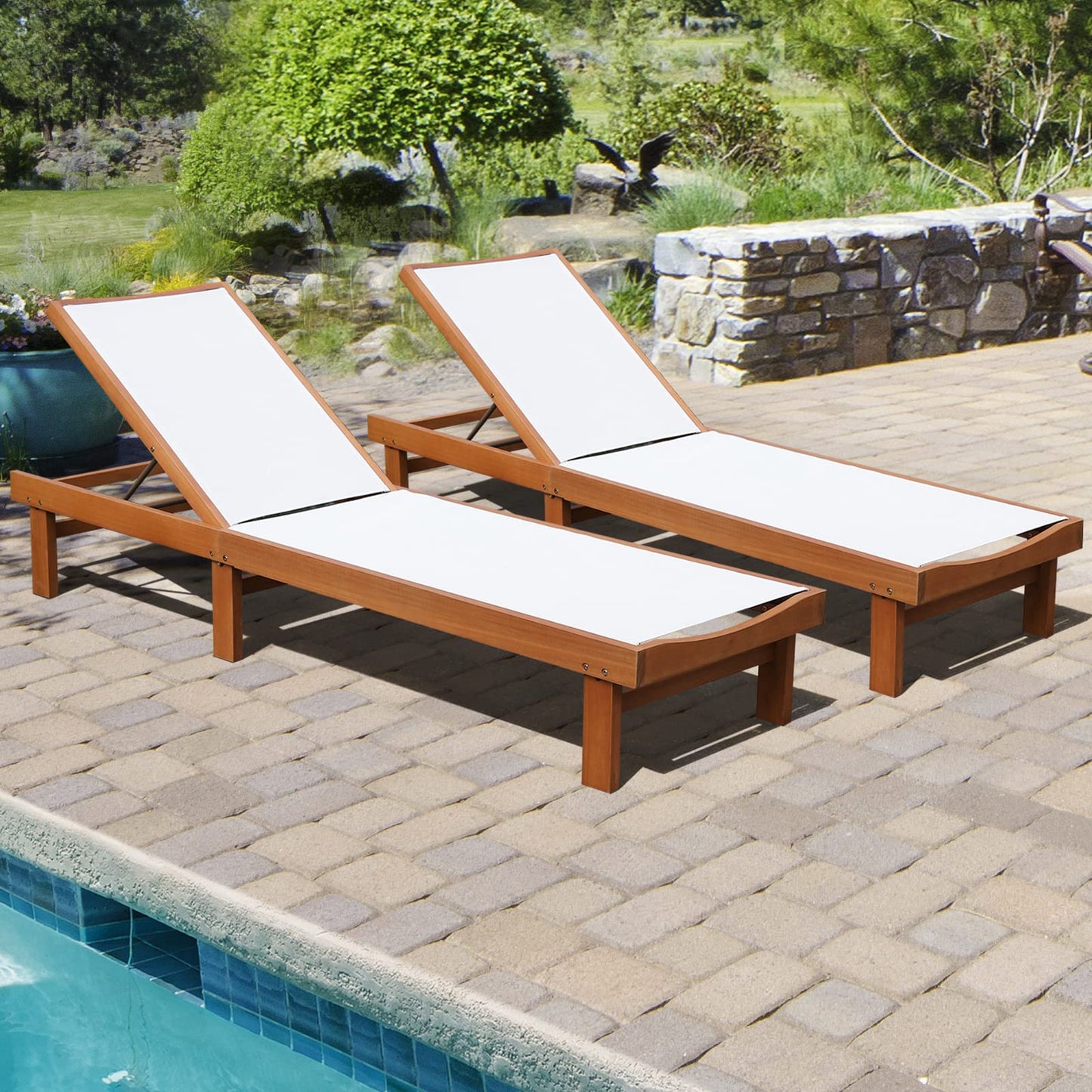 COSTWAY Set of 2 Patio Wood Chaise Lounge Chair, Strong Eucalyptus Wood Frame, 5-Position Adjustable Outdoor Recliner with White Mesh (White)