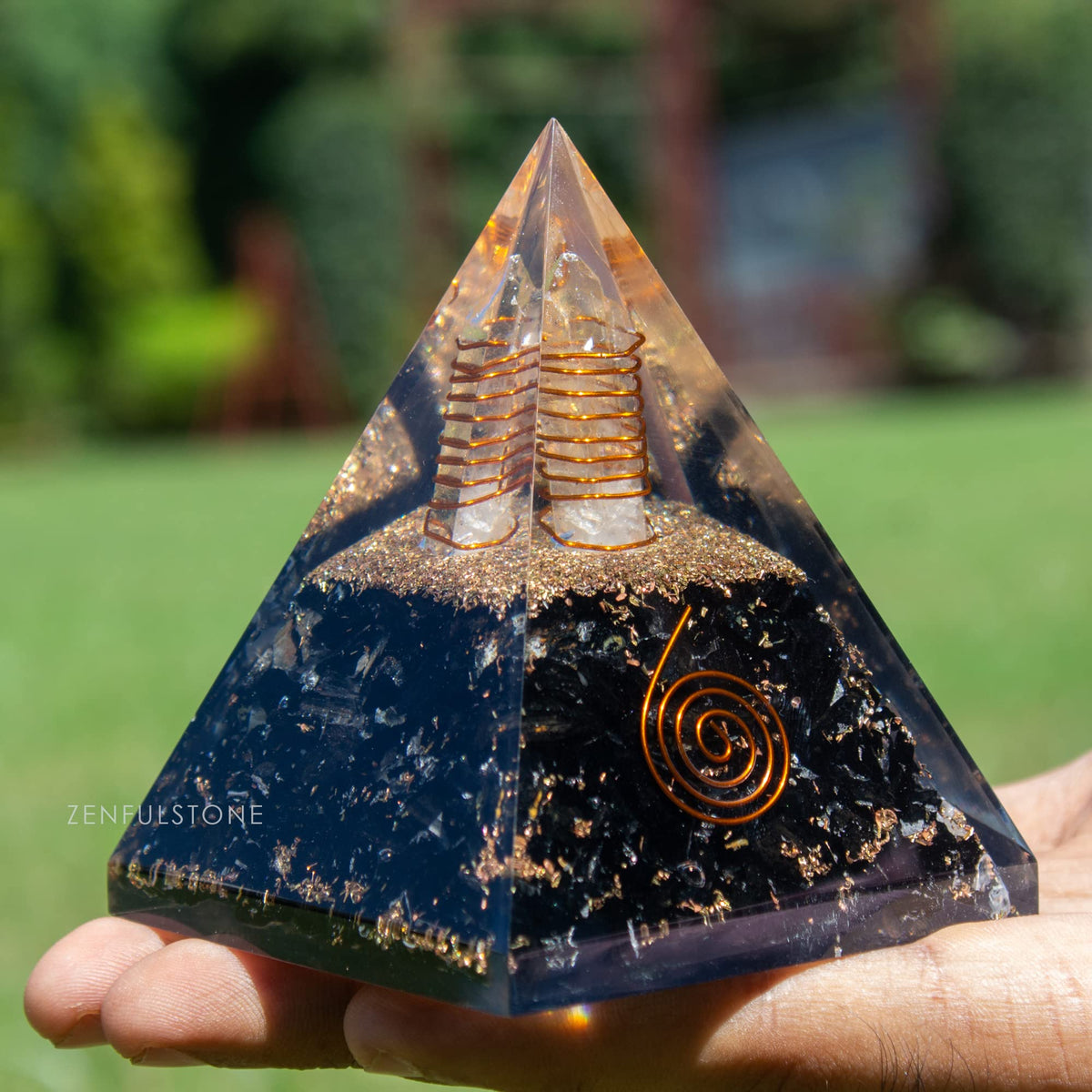 Black Tourmaline Orgone Pyramid for Protection & Security | Orgonite pyramids with Copper Coil and Crystal Quartz for Chakra Protection