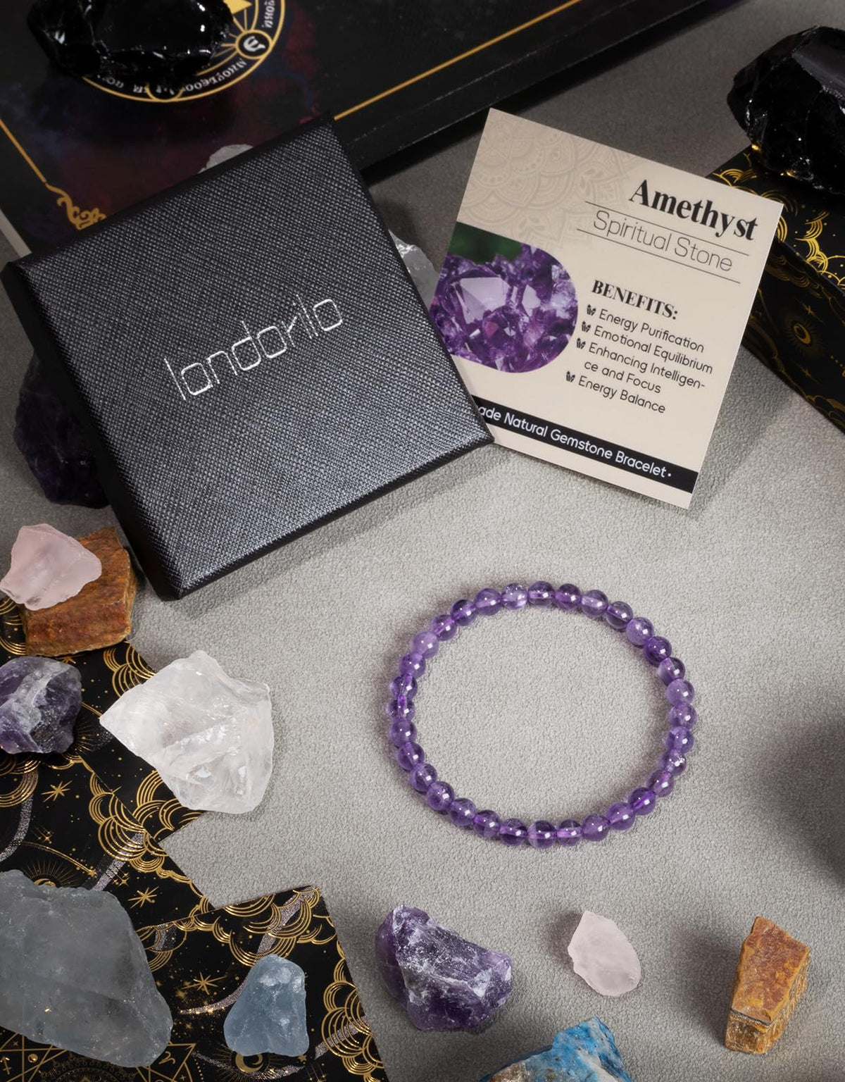 Landorilo Beaded Bracelet for Men Women, 6mm Natural Stone Amethyst Healing Crystal Stretch Bracelets, Ideal Christmas Birthday Jewelry Gifts with Energy Card，Replacement Beads Included