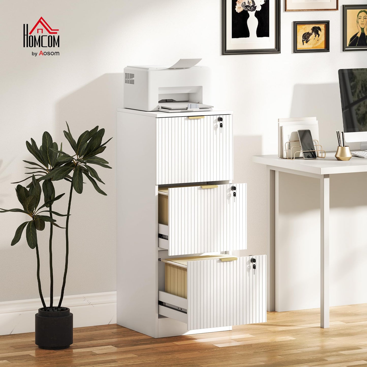 HOMCOM 3 Drawer File Cabinet, Fluted Vertical Filing Cabinet with Lock and Adjustable Hanging Rails for A4 Letter Size Files, Printer Stand with Storage, White
