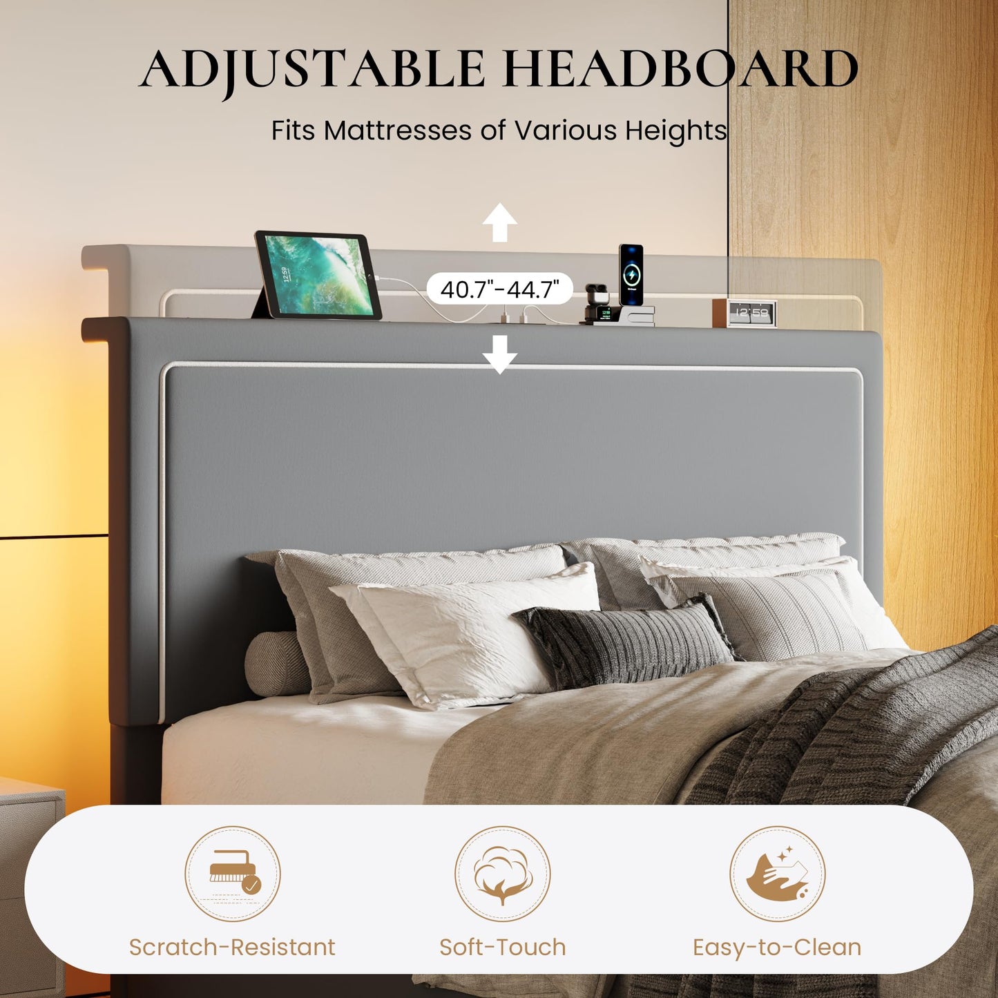 SHA CERLIN Queen Size Hydraulic Lift-Up Storage Platform Bed Frame with Charging Station, RGB LED Lights, Adjustable Velvet Headboard, USB-A and USB-C Ports, No Box Spring Needed, Grey