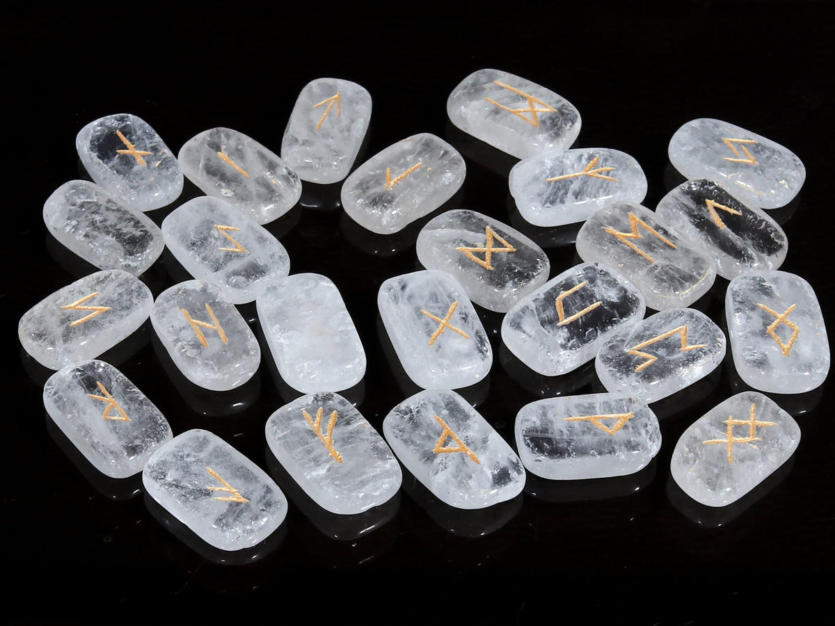 Crocon Clear Quartz Rectangle Shape Gemstone Runes with Elder Futhark Alphabet Engraved 25 pcs Rune Set Crystal Divination Metaphysical Healing Chakra Reiki Runes Set with a Pouch| Size : 20-25mm