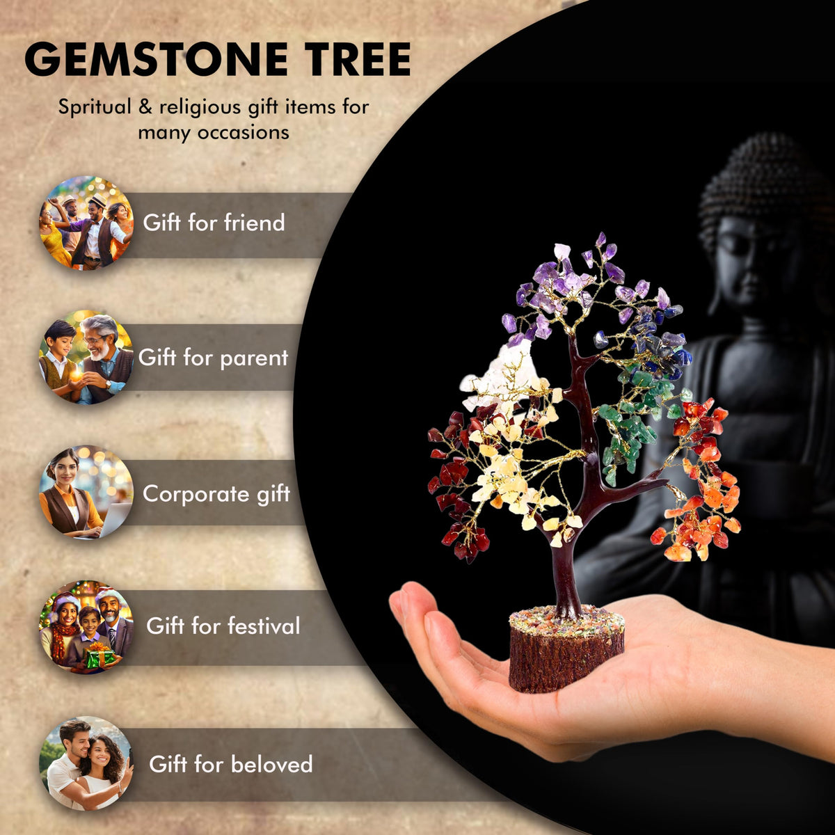 Wonder Care WC 7 Chakra Tree for Positive Energy Home Decorations and Healing Crystal Tree with M-Seal & Golden Wire | Money Tree | Crystal Decor | Multi Crystal | Feng Shui Decor (150 Beads)