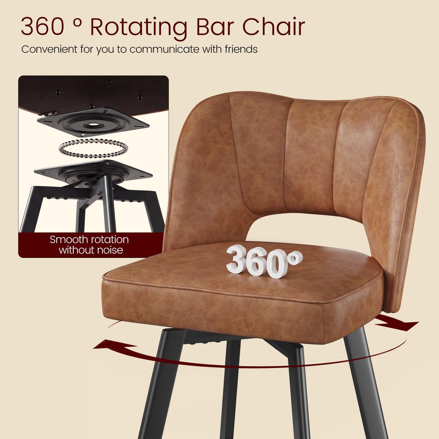 Homkdom Bar Stools Set of 3, 26 Inch Counter Height Swivel Bar Stools for Kitchen Island, Faux Leather Bar Stools with Back and Footrest, 360° Swivel, Metal Legs, 350 lbs, Cognac Brown