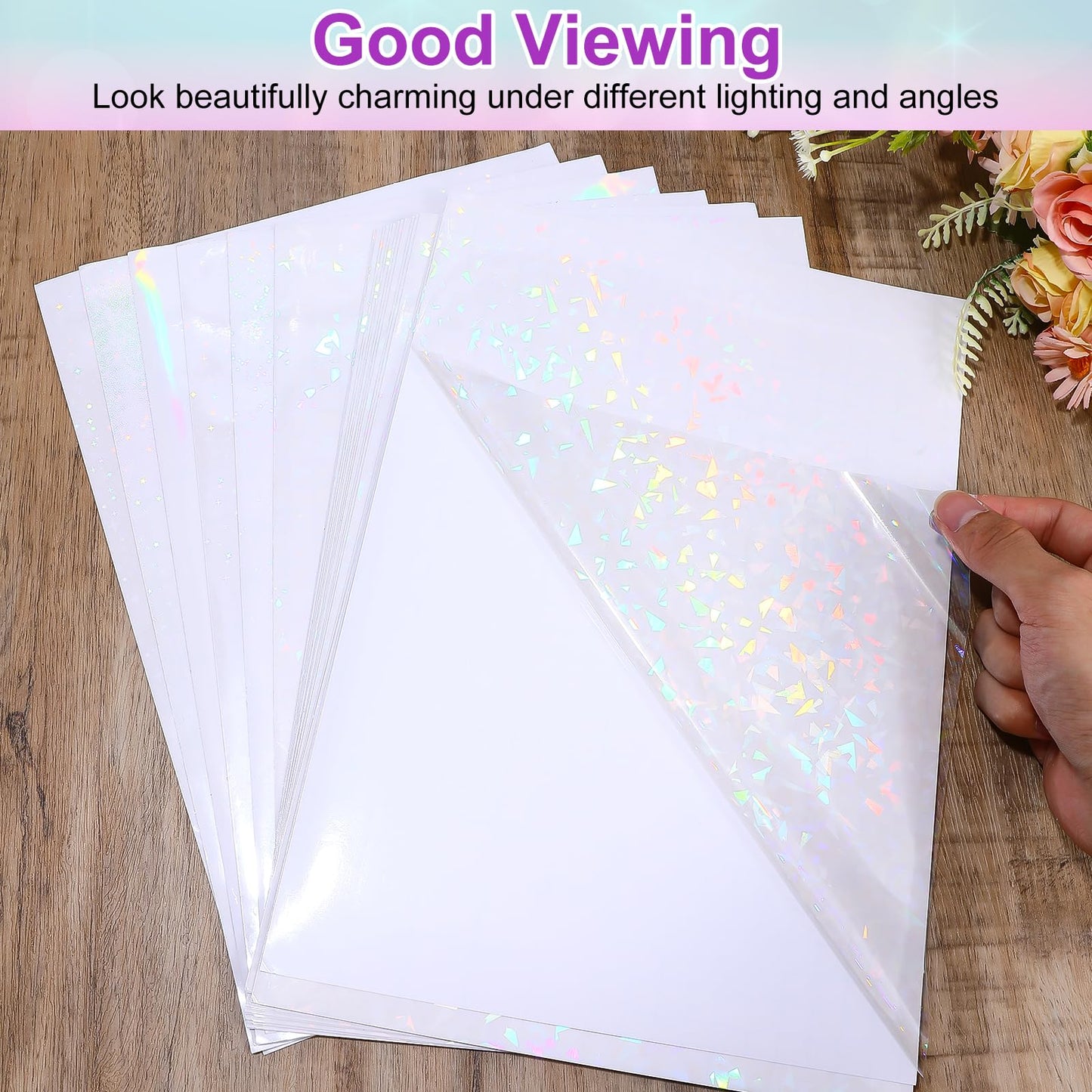Kifmurase 100 Sheets Holographic Sticker Paper, Holographic Clear Vinyl Laminate Film, Transparent Overlay Lamination Sticker, Self-Adhesive Waterproof Rainbow Laminating Sheets with A4 Size