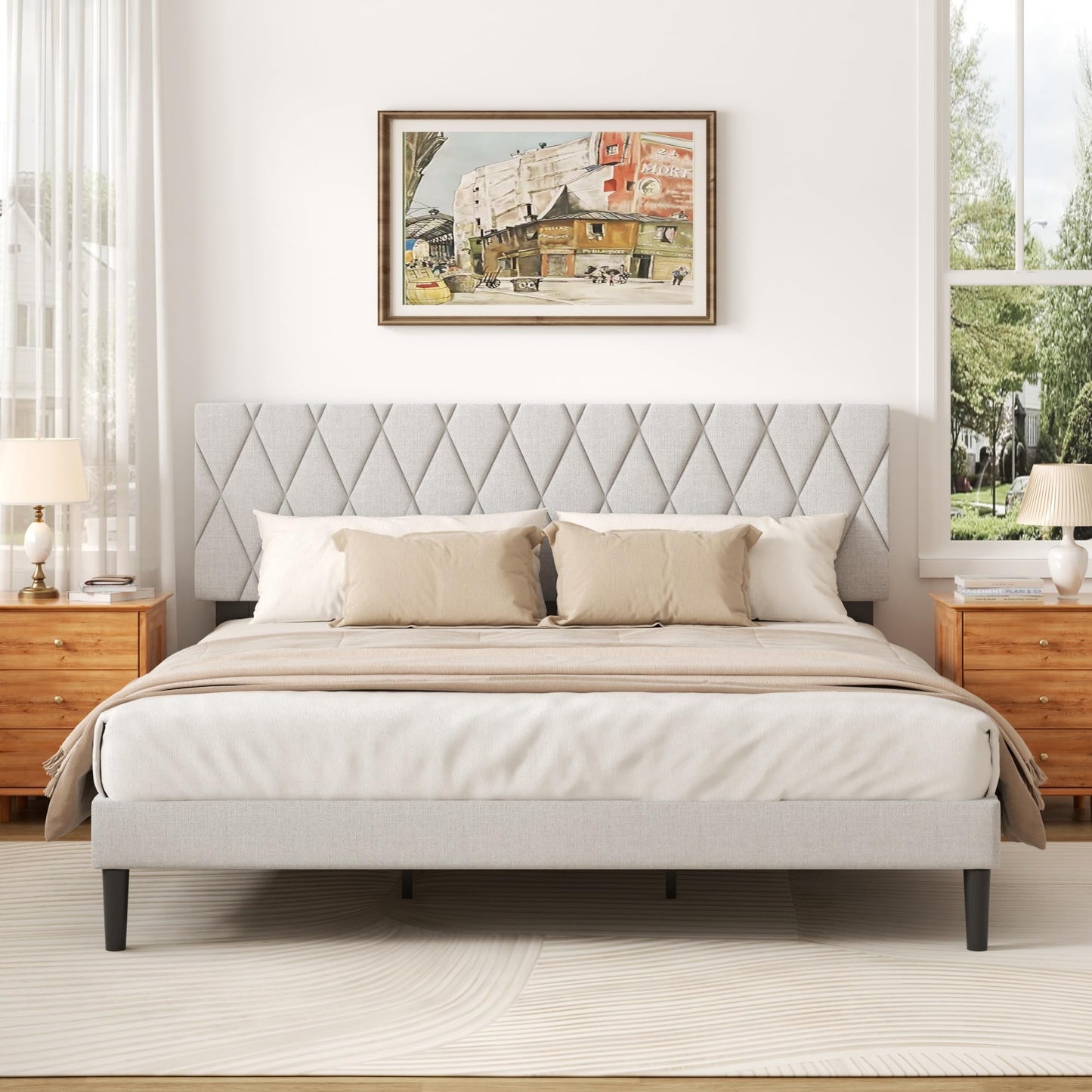 CXVX King Size Bed Frame with Diamond Tufted Headboard, Linen Upholstered Platform Bed and Wooden Slat Support, Noise-Free, No Box Spring Needed, Easy Assembly, Light Grey