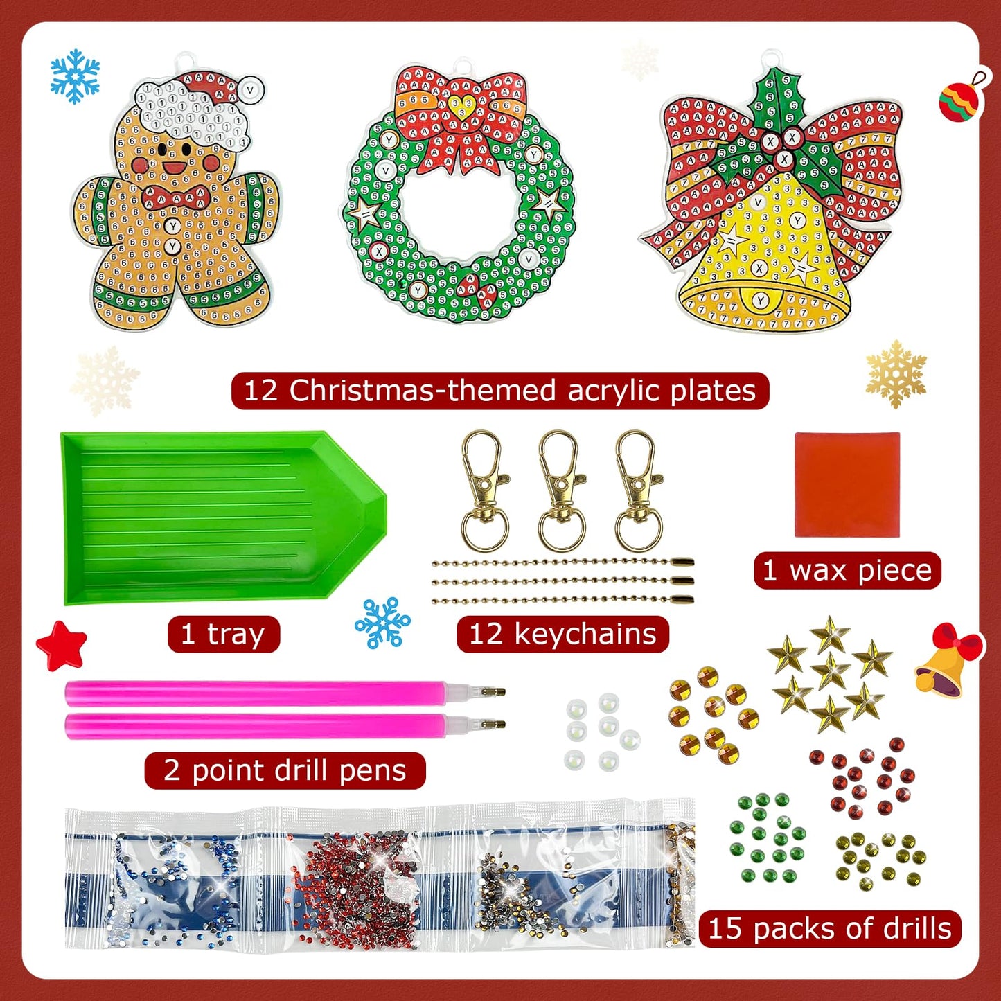 NewFamily 12 PCS 5D Winter Diamond Art Ornaments Kits for Adults, DIY Gem Art Kit with Keychains, Begginer Diamond Painting Crafts for Holiday Decorations