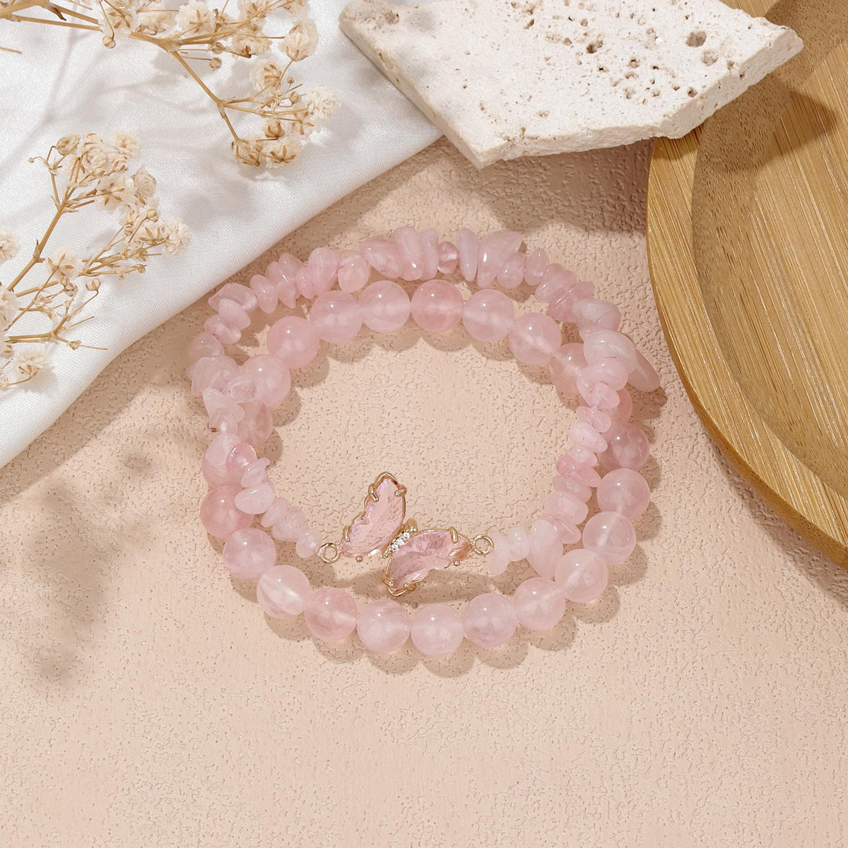 GolbalJew Rose Quartz Bracelet for Women Healing Crystal Stone Bracelets Pink Gemstone Beads Stretch Bracelet Butterfly Charms Jewelry Women Gift