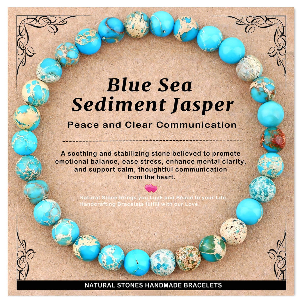 AD Beads 6mm Handmade Blue Sea Sediment Imperial Jasper Elastic Bracelet – Natural Gemstone for Joy & Positivity – Meditation, Yoga, Healing and Energy Gift for Men Women