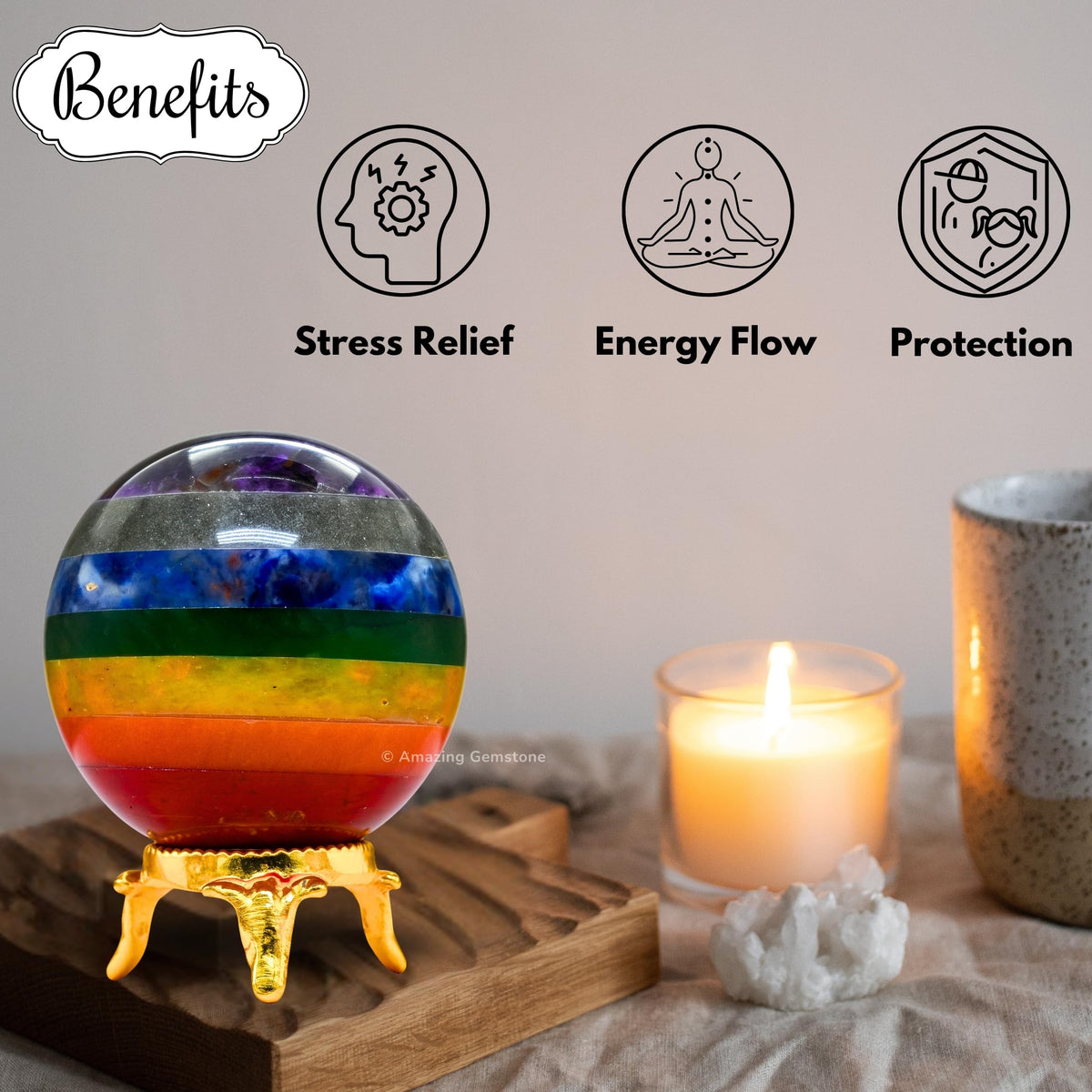 Amazing Gemstone Chakra Crystal Ball with Stand - 2 Inches Crystal Sphere Meditation Balls for Witchcraft and Decorative Balls
