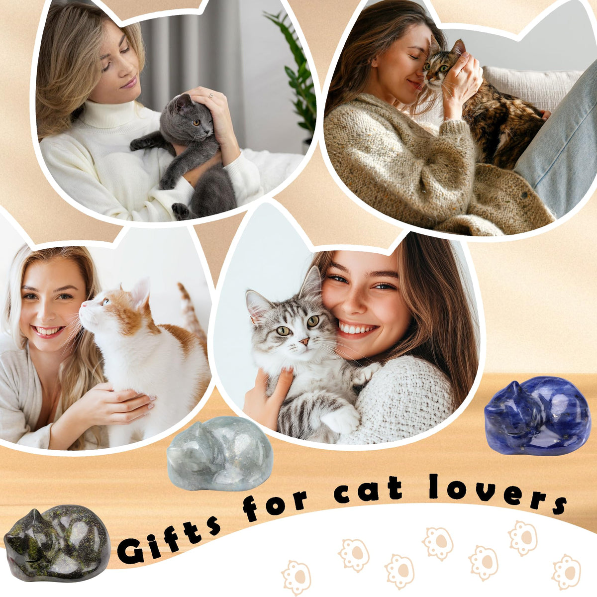 QINJIEJIE Cat Decor Statue White Labradorite Crystal Healing Stone Figurine Decor Polished Gemstones Cute Kitten Gifts Stocking Stuffers Home Office Desk Decor Cats Gifts for Cat Lover 1.6"