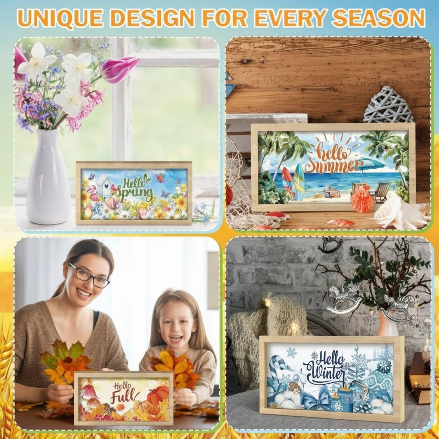 RattanView 25 Pcs 9.7 x 4.8" Interchangeable Seasonal Decor Holiday Sign Wooden Desk Table Decor Interchangeable Welcome Sign with Wooden Frame Wreaths for Summer Office Home Rustic Tiered Tray