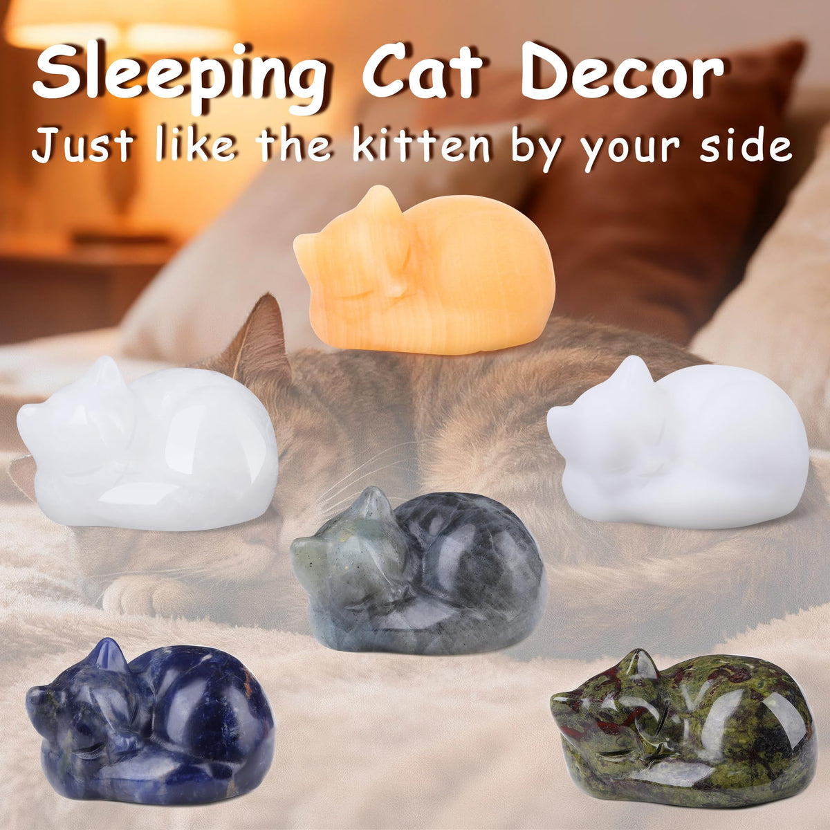 YATOJUZI 2" Cat Decor Figurines Yellow Jade Crystals Sleeping Cats Decor Hand Carved Cute Crystal Animal Statues Decors Room Home Office Desk Decorations Cat Gifts for Women
