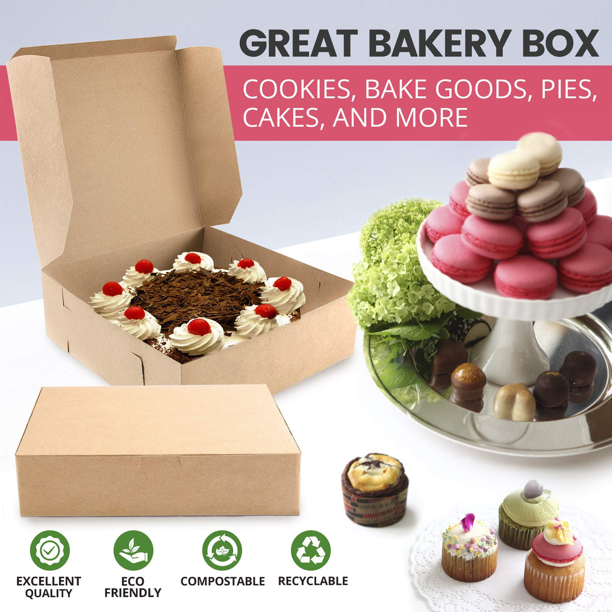 Fit Meal Prep 25 Pack Kraft Bakery Boxes, 8 x 8 x 3 Inches Brown Pastry Boxes, Cardboard Treat Boxes Pie Boxes Cookie Boxes Dessert Boxes for Cupcakes, Chocolates, Donuts, Macarons