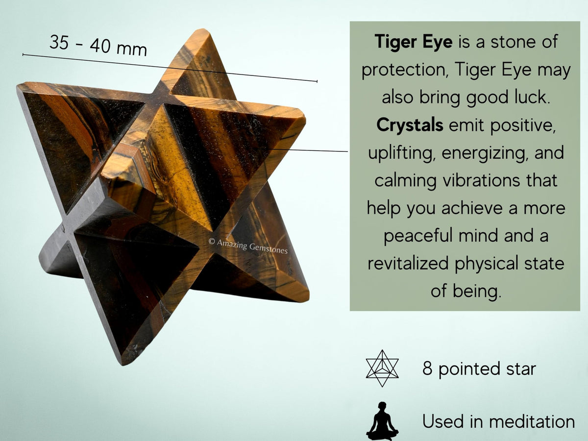 Amazing Gemstone Tiger Eye Merkaba Crystal - 1.5 Inches Metaphysical Merkaba Star for Meditation - Energetic Tetrahedron Crystal and Healing Stones and Healing (35-40mm)