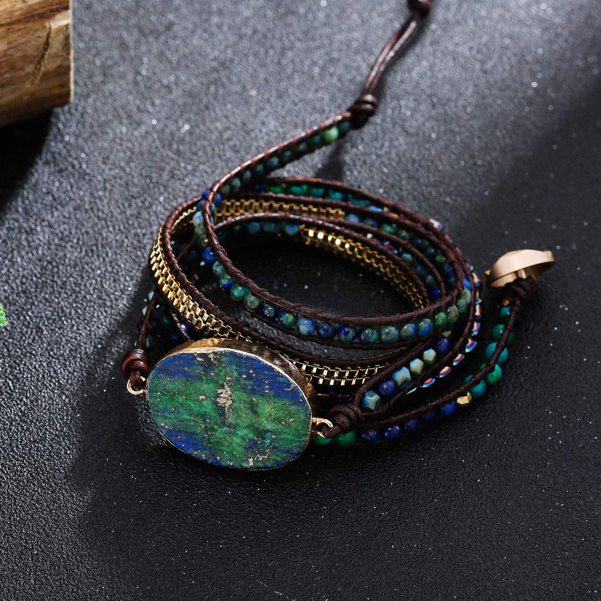 Plumiss Boho Leather 5 Wrap Natural Stone Chrysocolla Bracelet Handmade Gemstone Beaded Bracelet Jewelry Collection