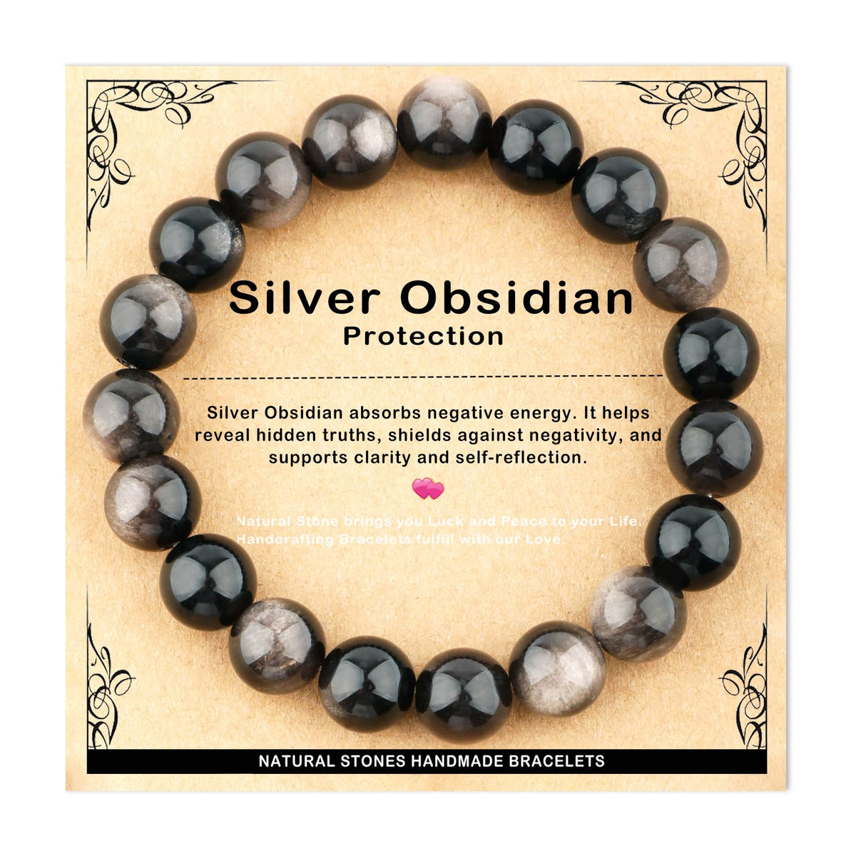 AD Beads 10mm Handmade Silver Obsidian Elastic Bracelet – Natural Gemstone for Protection – Meditation, Yoga, Healing and Energy Gift for Men Women