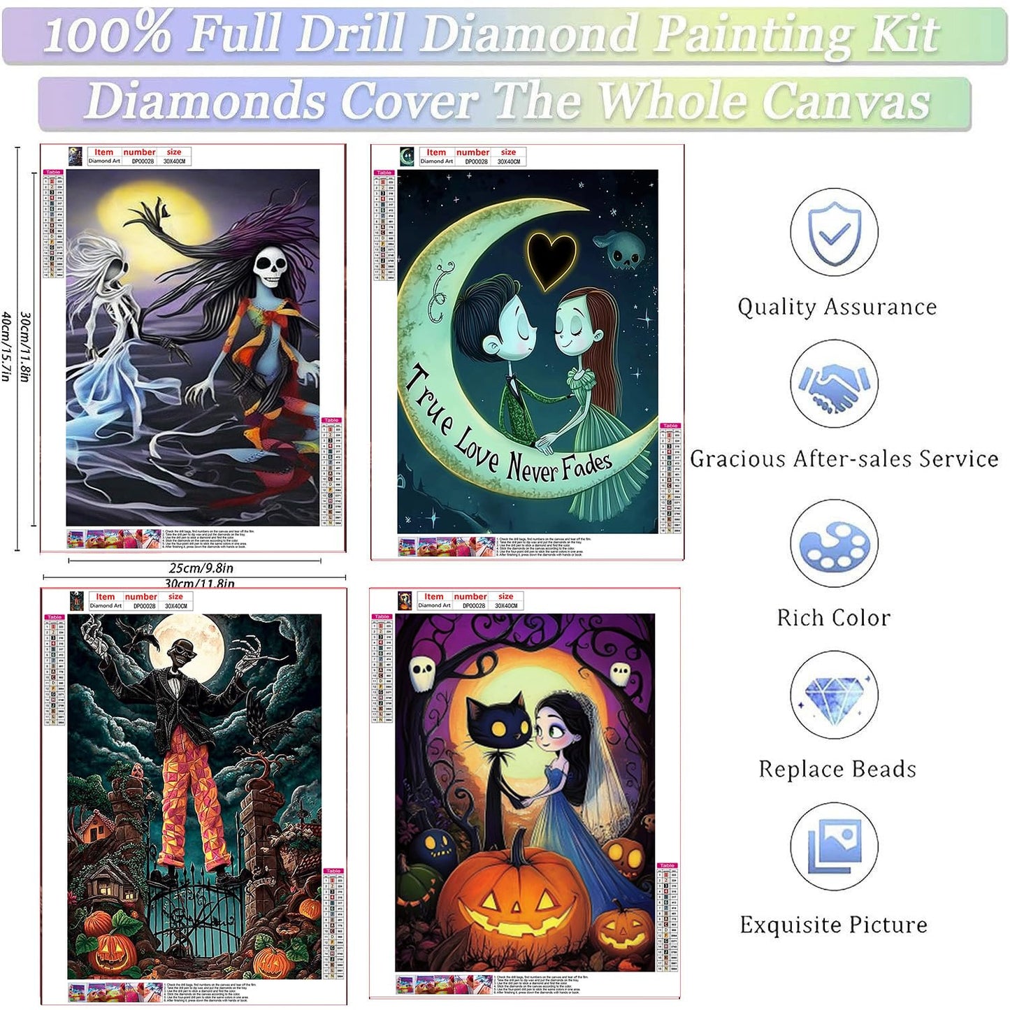 GemZono 4 Pack Diamond Painting Kits for Adults DIY 5D Halloween Diamond Art Paint with Round Diamonds Full Drill Nightmare Gem Art Painting Kit for Home Wall Decor Gifts(12x16inch)