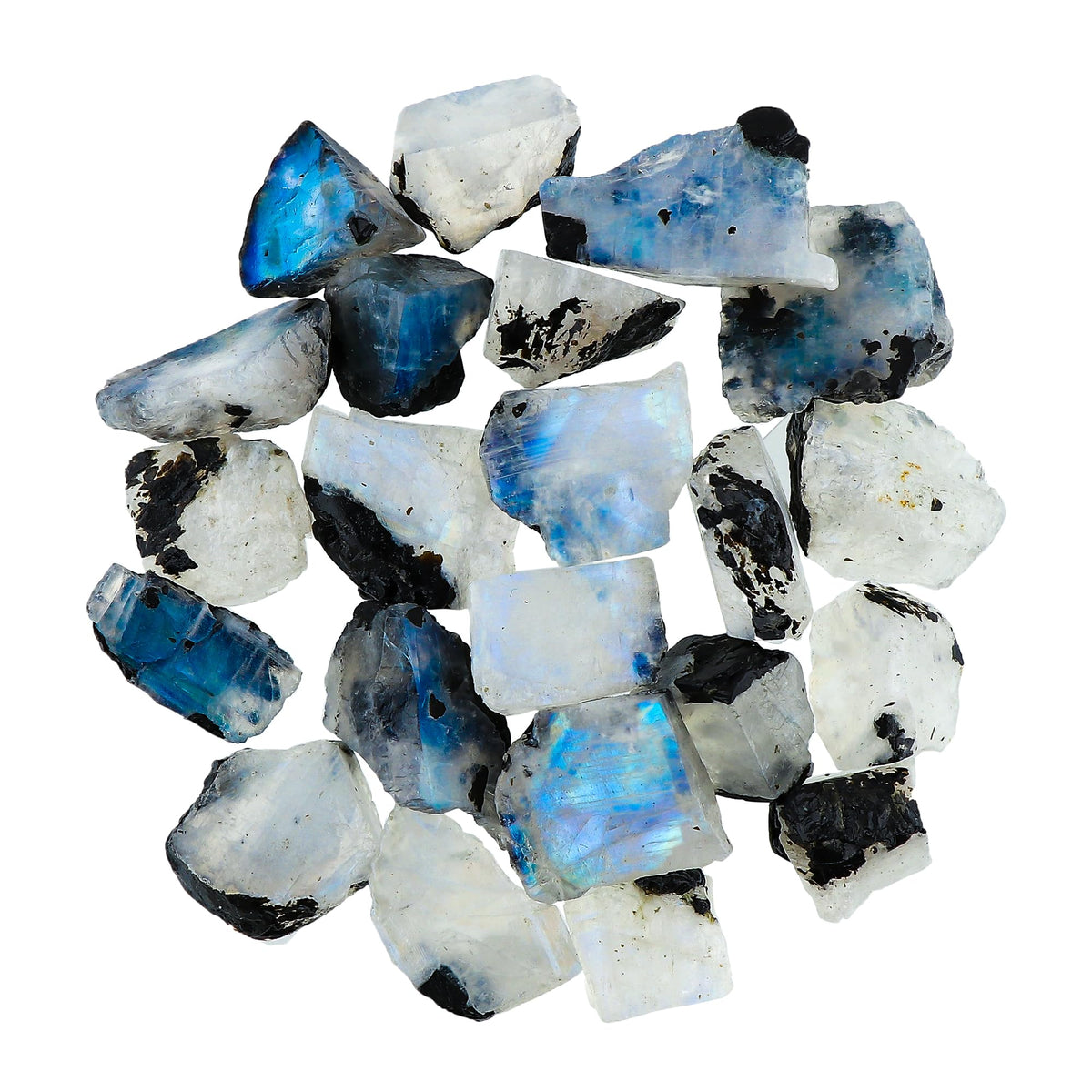 Gemkora 100 ct. Natural Blue Flash Raw Tourmilated Moonstone Moonstone Crystal Rough Gemstone Crystals, Rock, Jewelry Making Supplies, Chakra Healing, Art-DIY Stone, (8 to 10pcs) (15-20mm)