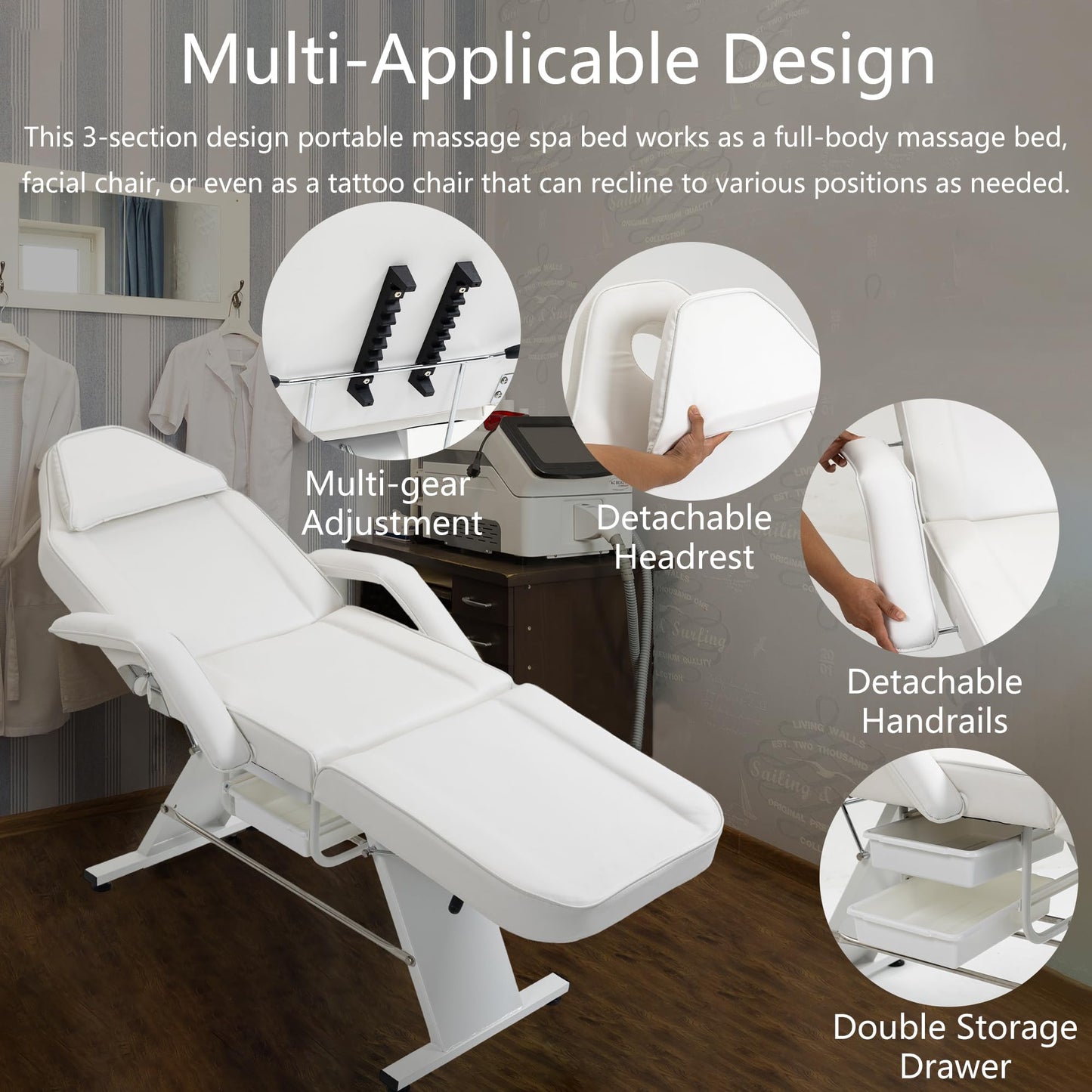 HeureuxBoBo Multi-Purpose 72 in 3-Section Massage Salon Tattoo Chair with Hydraulic Stool, Adjustable Facial Spa Bed, Beauty & Tattoo Equipment