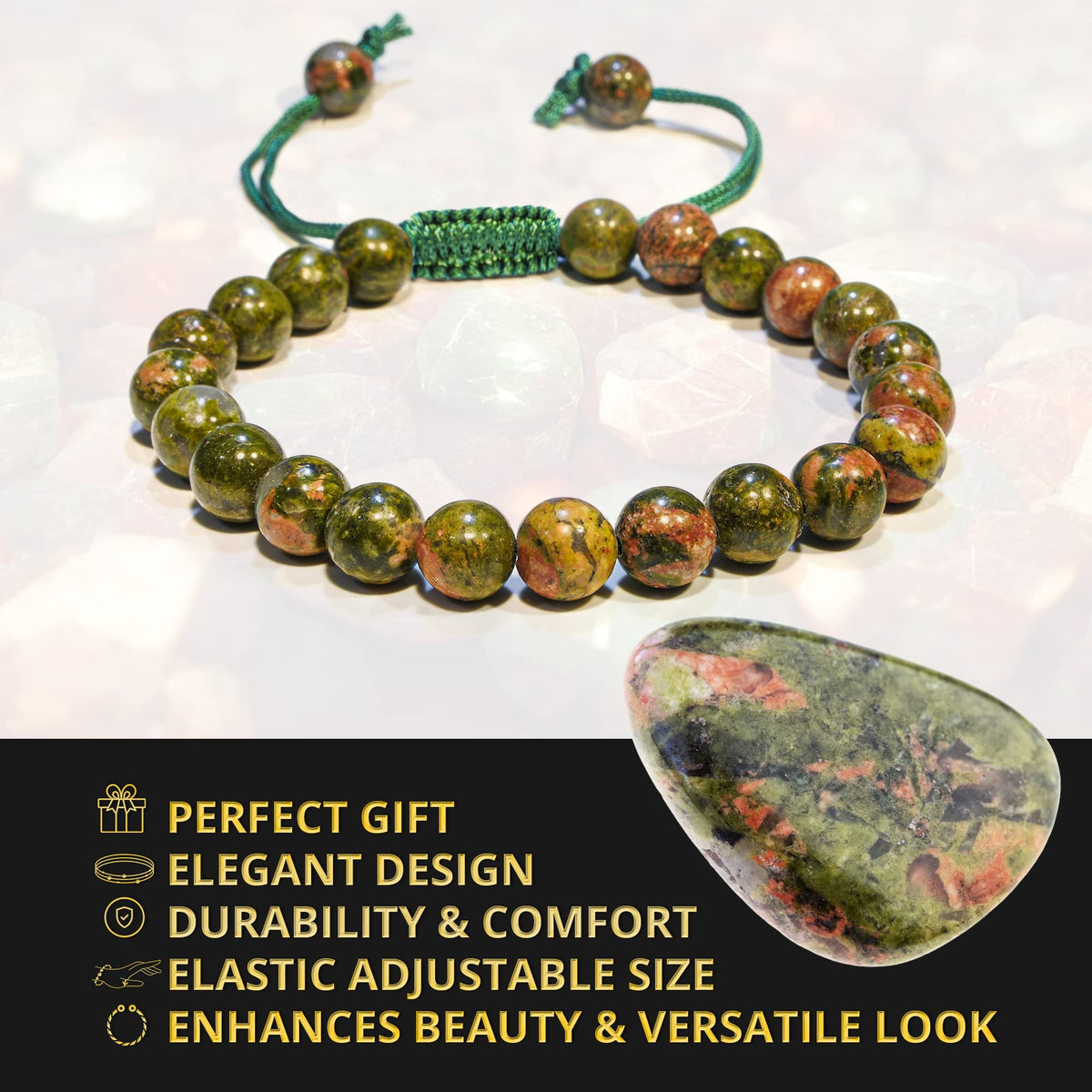 ANAYA AGATE Healing Crystal Bracelet – Chic Gemstone Bracelet for Men and Women – 8mm Round Bead Bracelets for Spiritual Healing, Protection, Positive Energy - Unakite