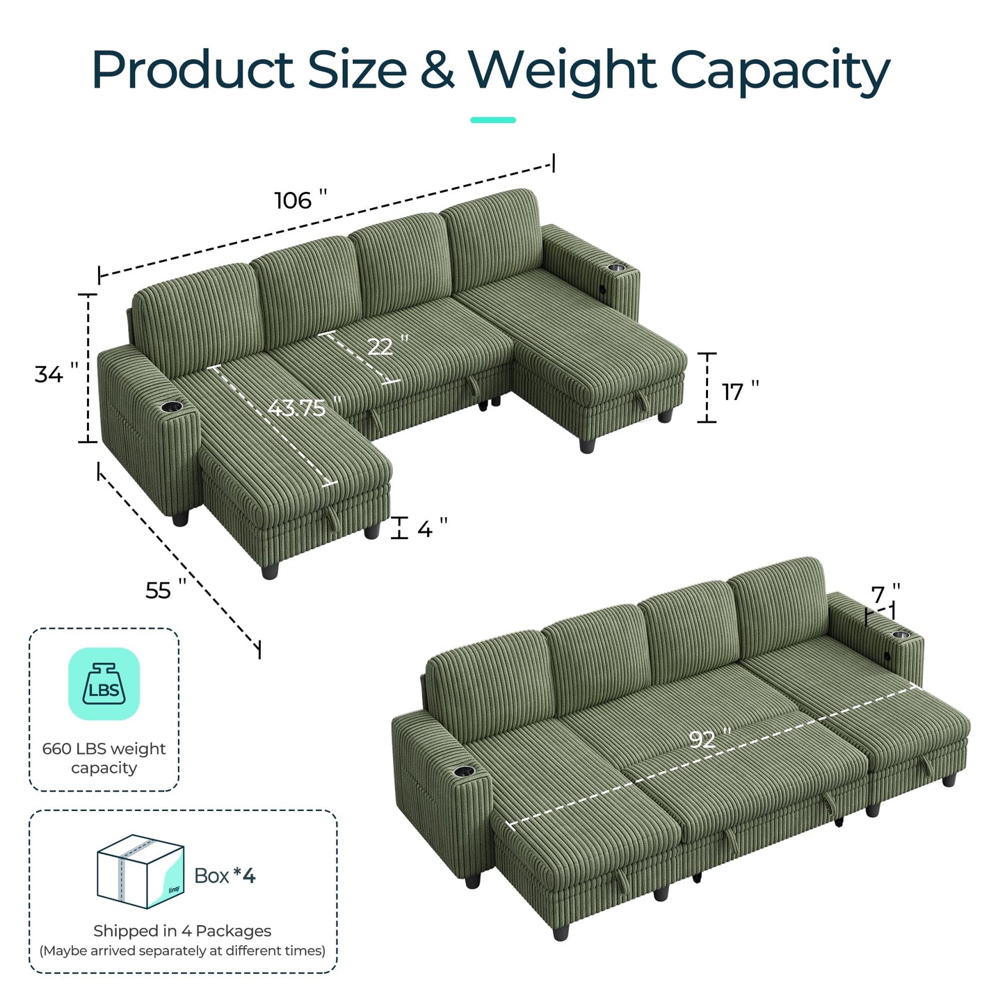 LINSY HOME Pull Out Sofa Bed Sectional Sleeper Sofa with Storage, Plush Corduroy Pullout Modular Sectional Couches for Living Room, U Shaped Convertible Couch Bed for Apartment (Green)