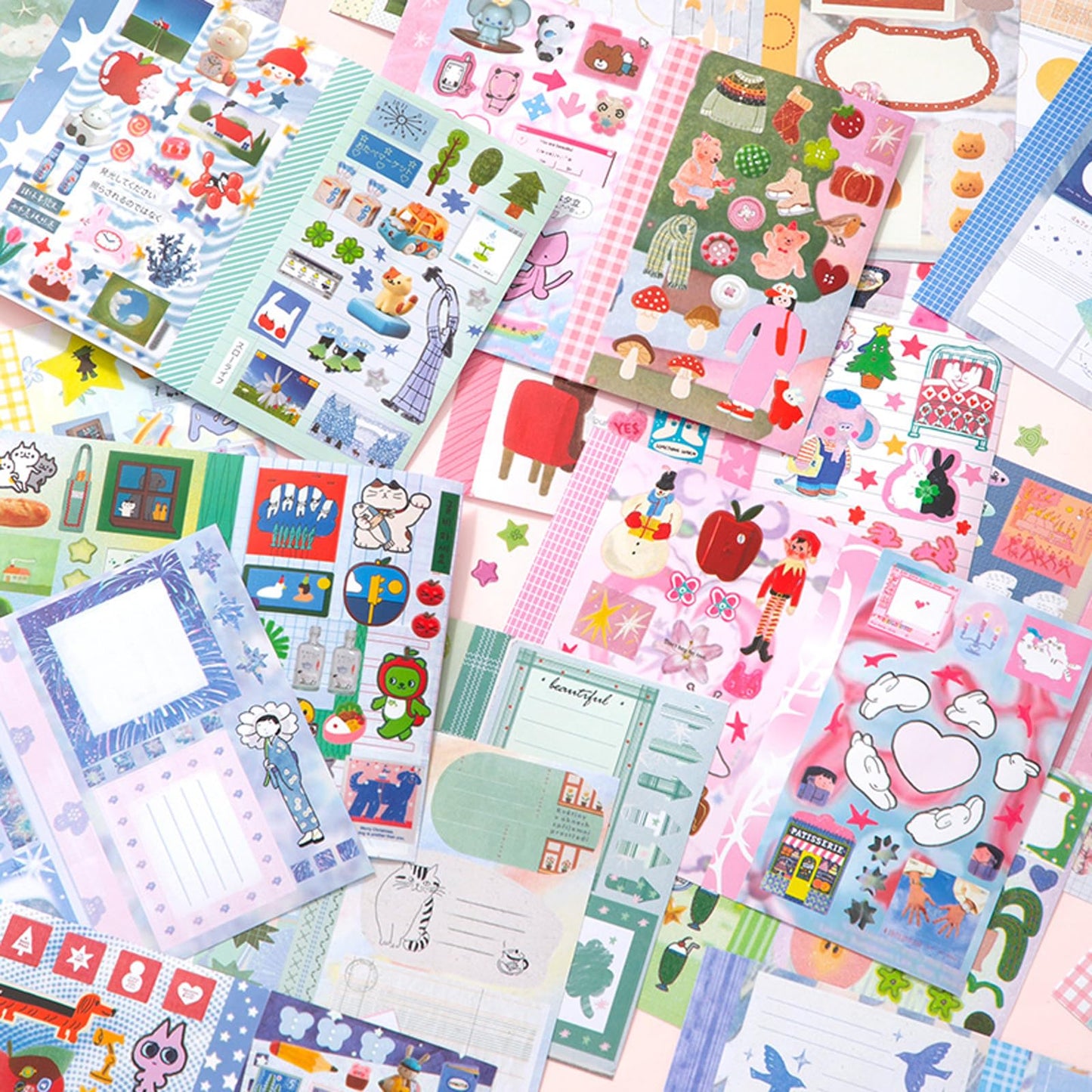 ZHIJIANHZ Japanese Manga Sticker Book 2-Pack,60 Sheets with Glitter, Matte and Writable Note Stickers for Journaling, Ins Style Scrapbook Supplies, 5.8 x 4.1 Inch Kawaii Sticker Set